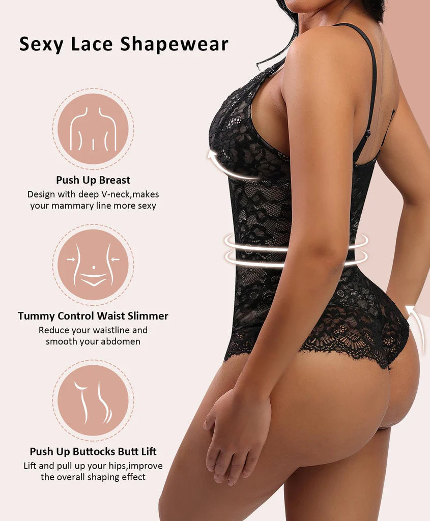 Feelingirl Lace V Neck Full Bodysuit