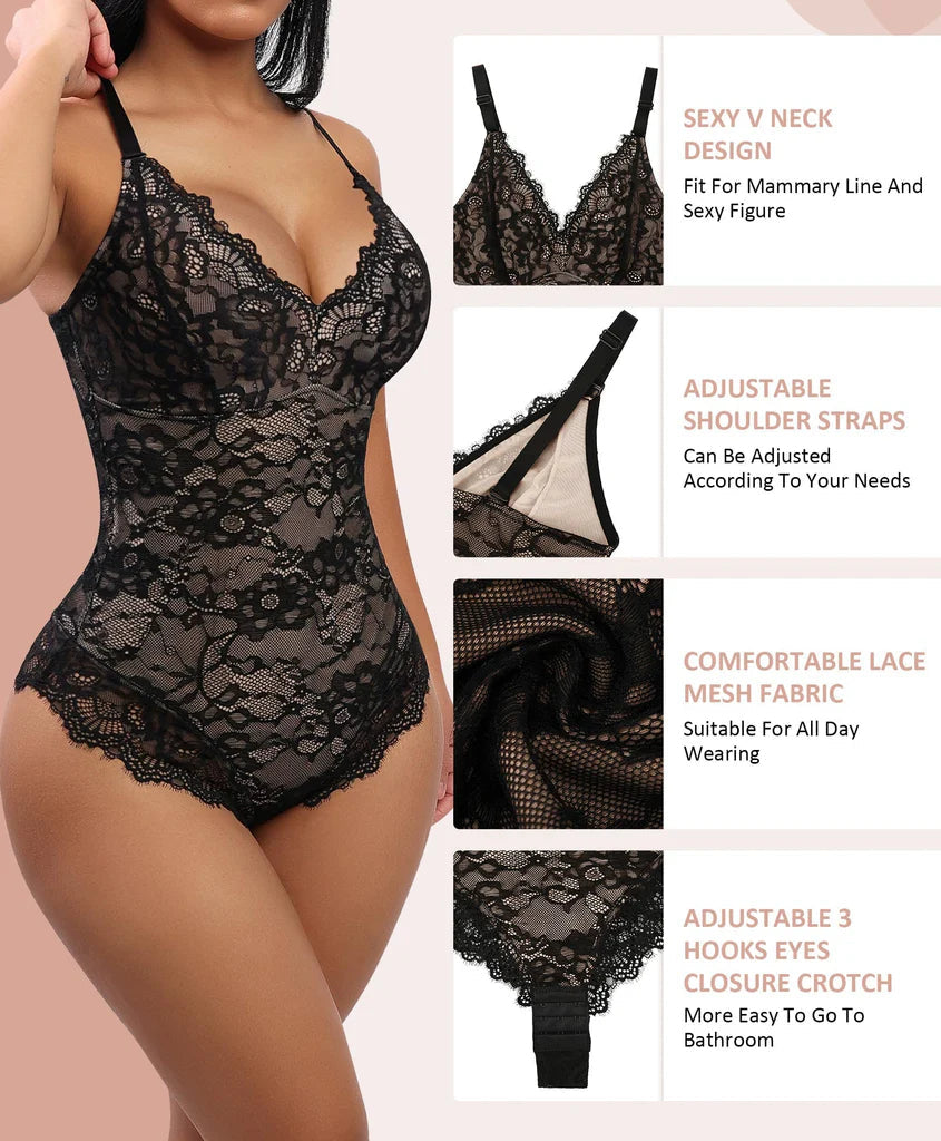 Feelingirl Lace V Neck Full Bodysuit