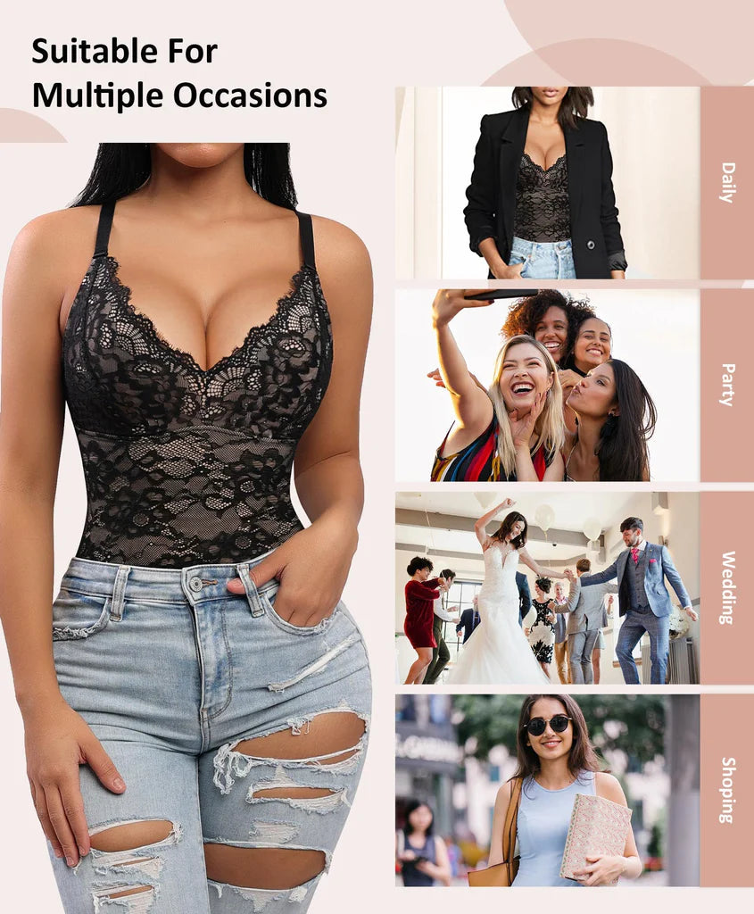 Feelingirl Lace V Neck Full Bodysuit