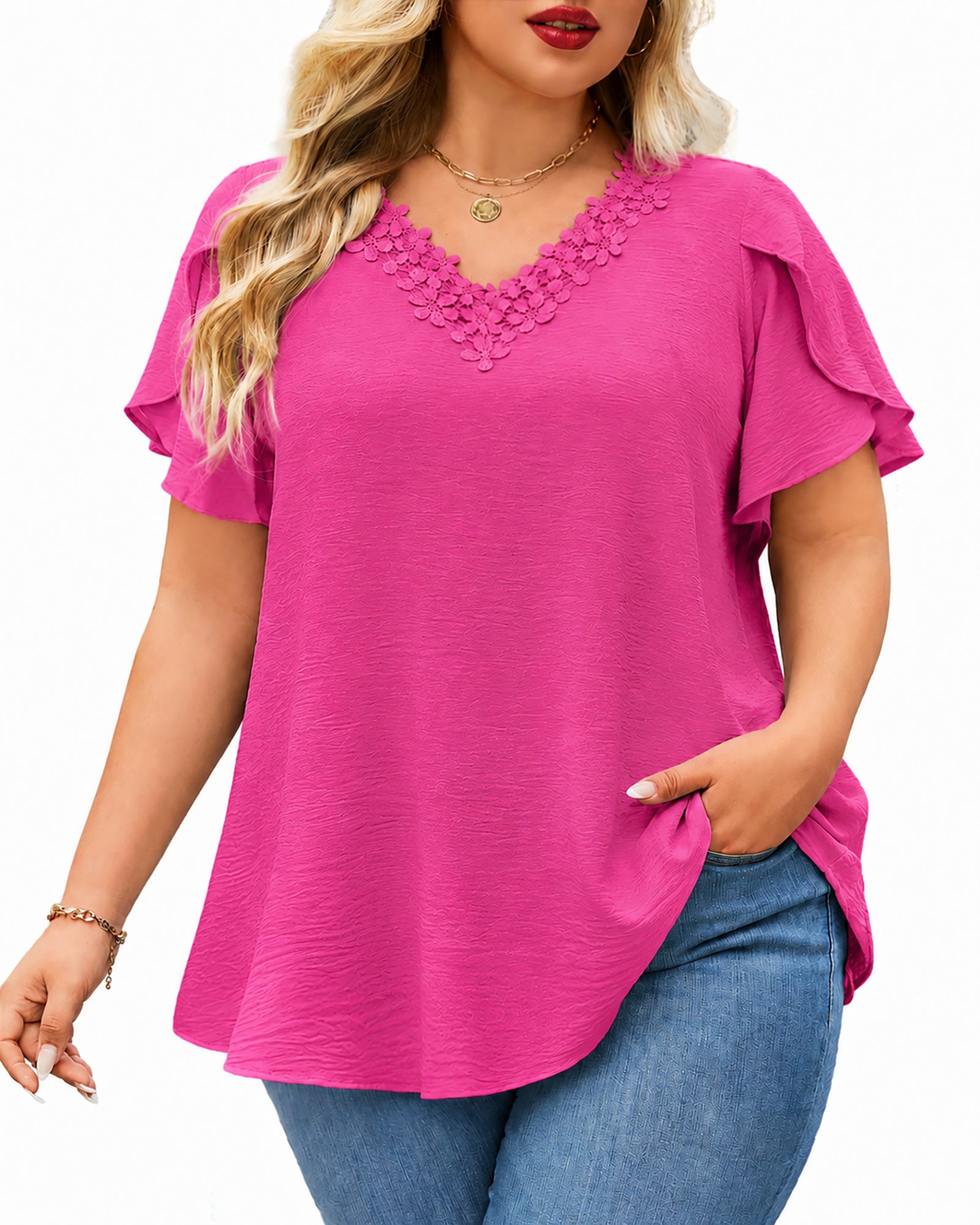 Plus Size Top V Neck Short Sleeve Blouses for Curvy Women Loose Fit Dressy Floral Trim Ladies Tunic
