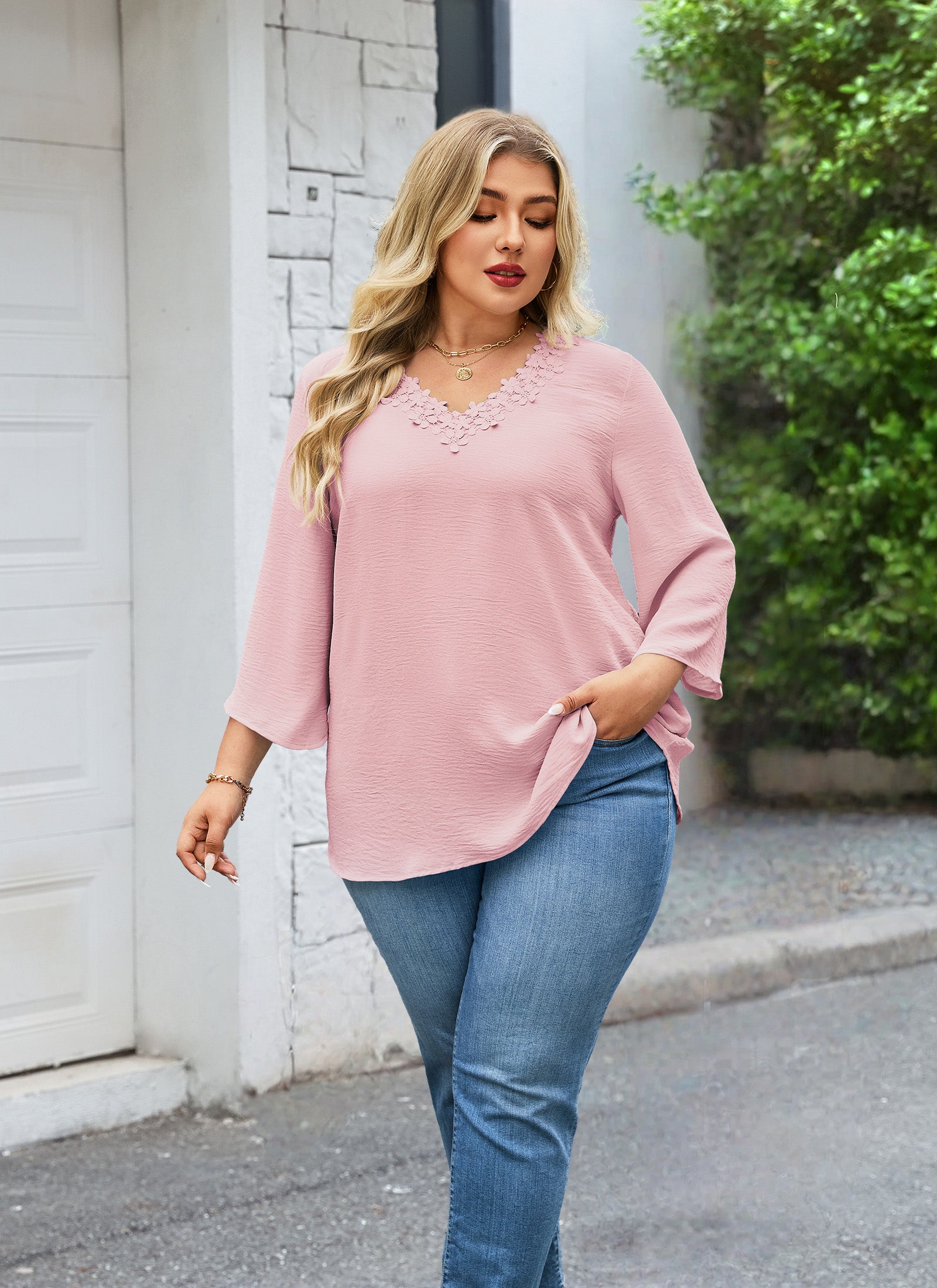 Womens Plus Size Blouses Dressy Casual 3/4 Sleeve Elegant V Neck Floral Trim Ladies Tunics Tops