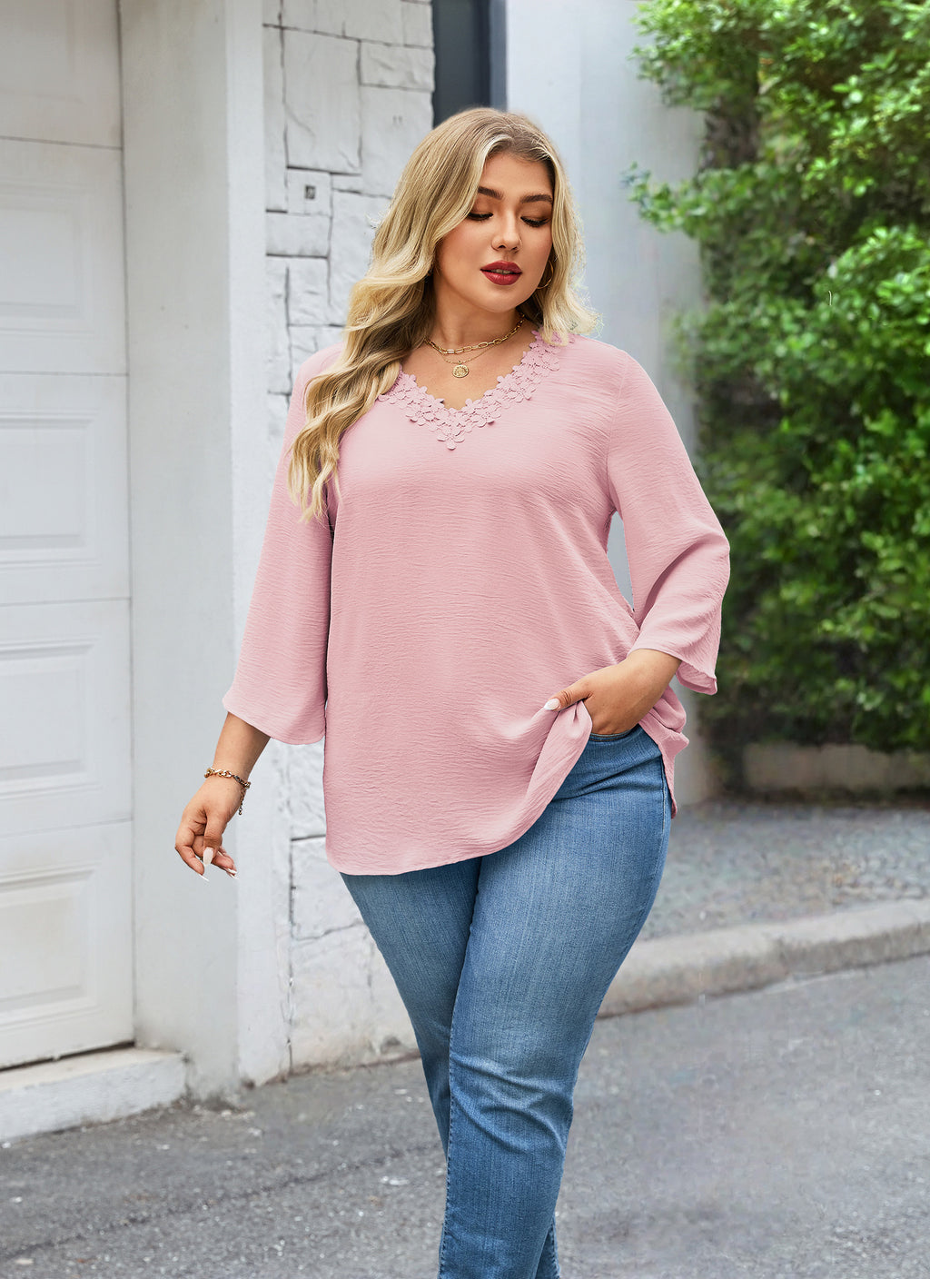 Womens Plus Size Blouses Dressy Casual 3/4 Sleeve Elegant V Neck Floral Trim Ladies Tunics Tops