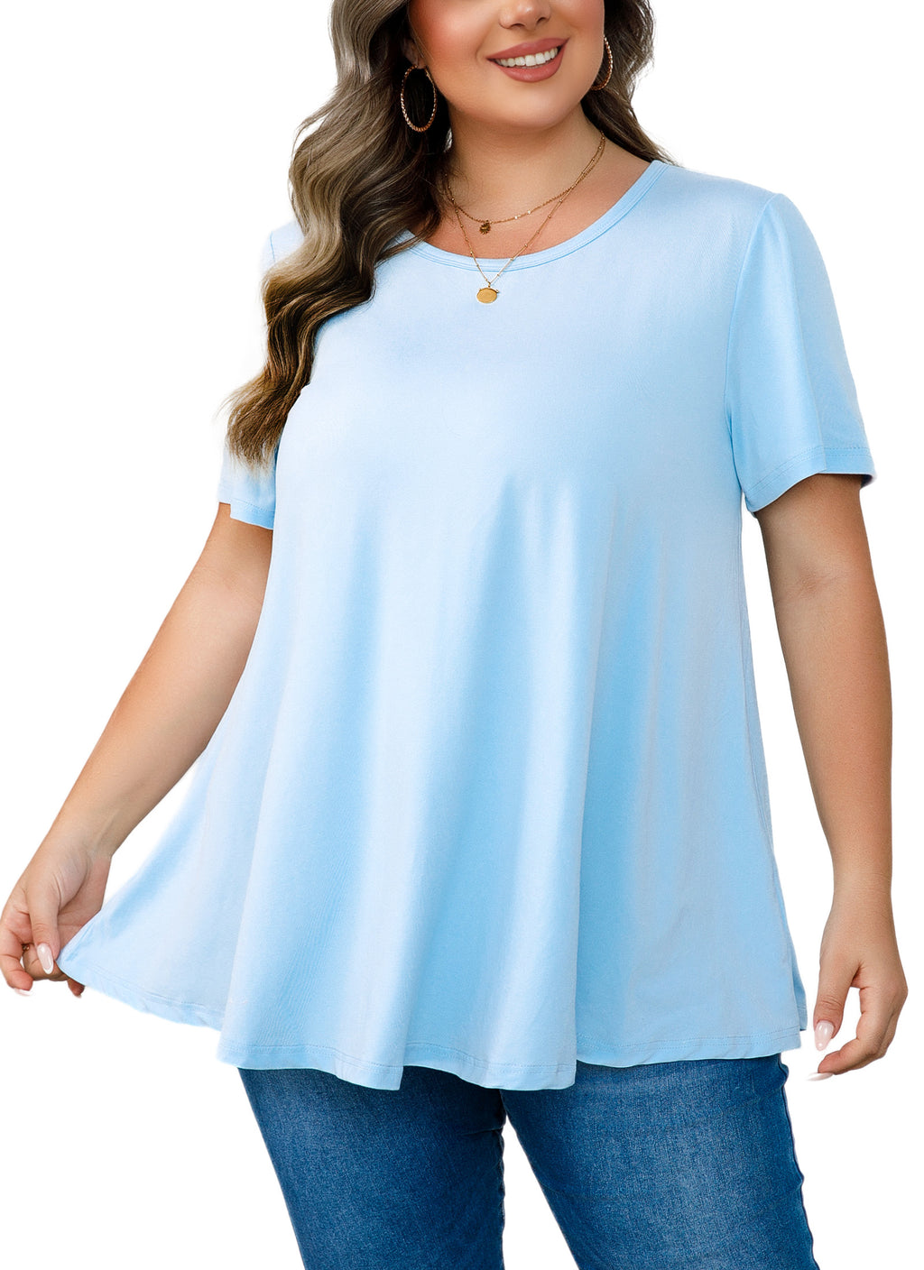 Tunic Tops for Women Plus Size Short Sleeve Crew Neck Swing Flare Loose T-Shirt Blouses to Wear with Leggings