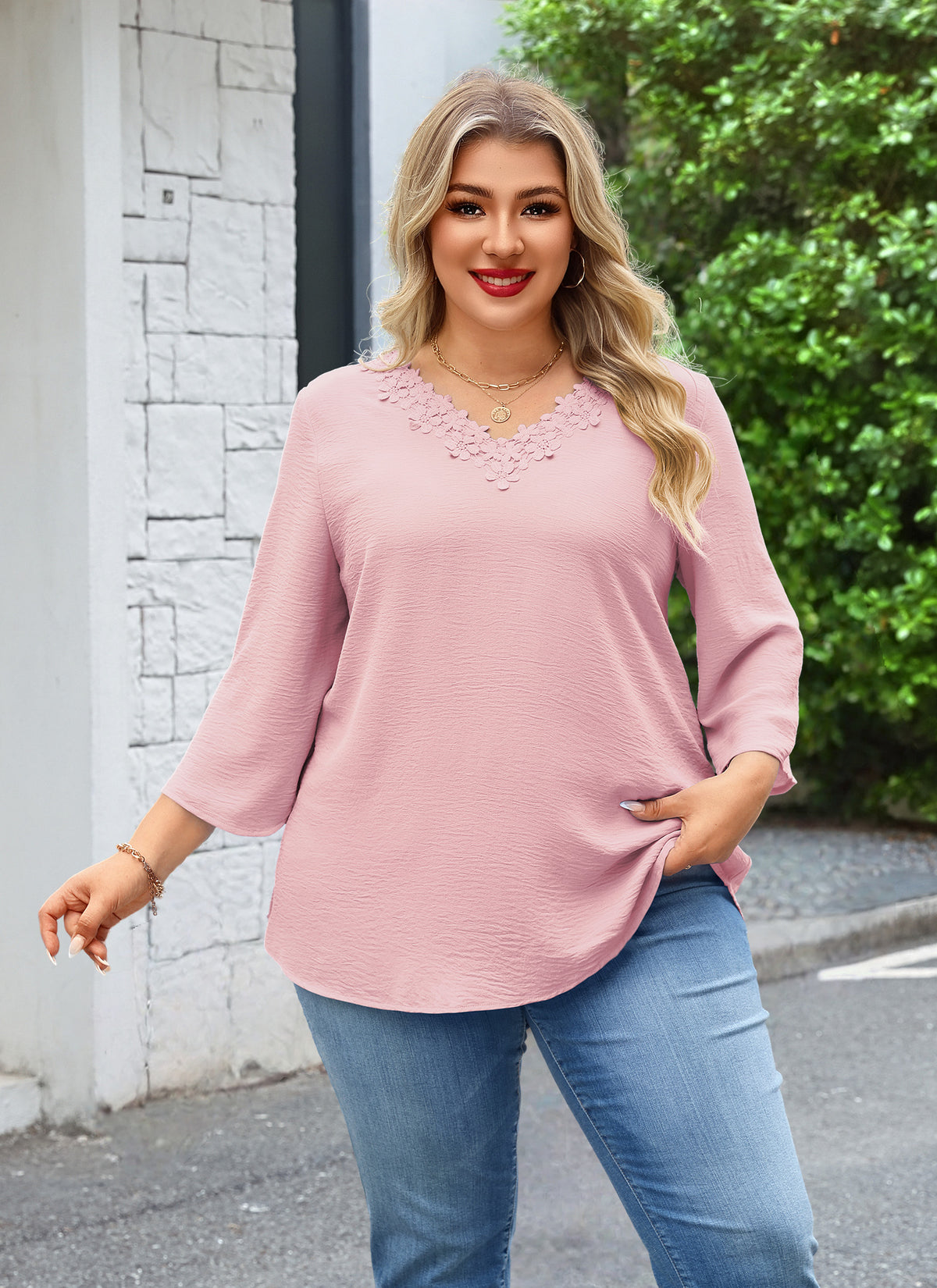 Womens Plus Size Blouses Dressy Casual 3/4 Sleeve Elegant V Neck Floral Trim Ladies Tunics Tops