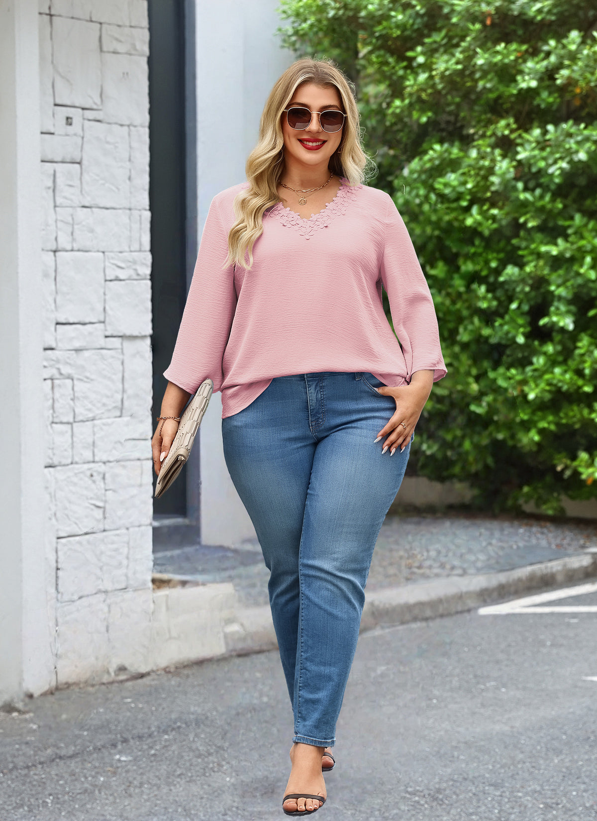 Womens Plus Size Blouses Dressy Casual 3/4 Sleeve Elegant V Neck Floral Trim Ladies Tunics Tops