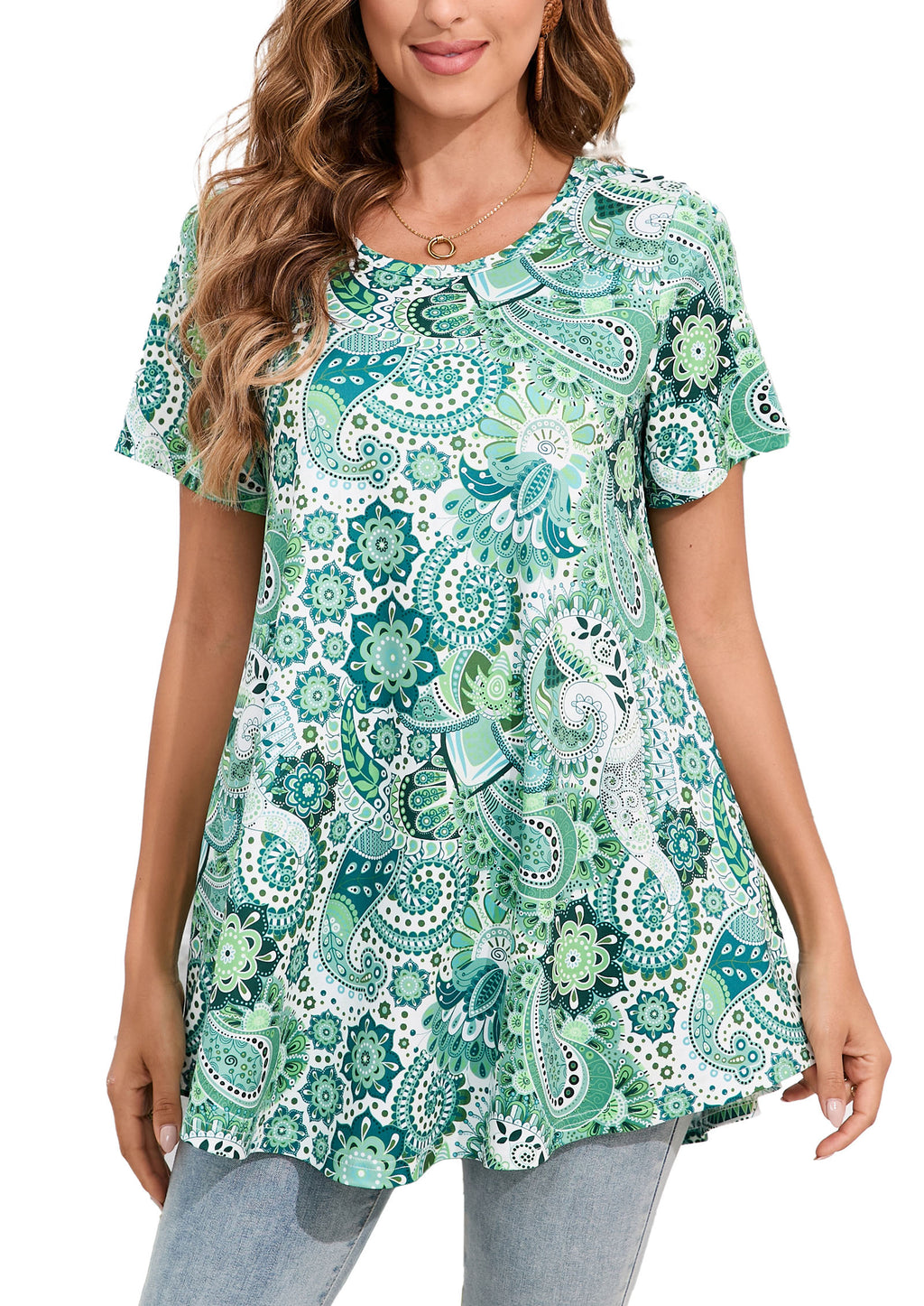 Tunic Tops for Women Plus Size Short Sleeve Crew Neck Swing Flare Loose T-Shirt Blouses to Wear with Leggings