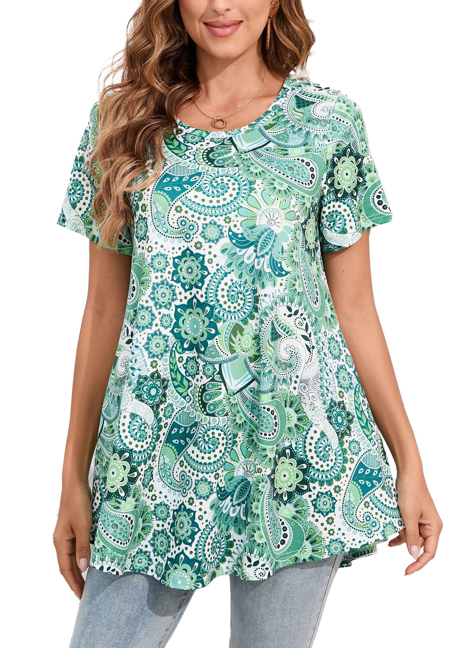 Tunic Tops for Women Plus Size Short Sleeve Crew Neck Swing Flare Loose T-Shirt Blouses to Wear with Leggings