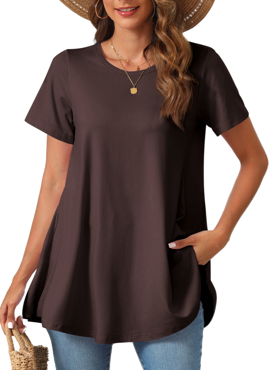 Tunic Tops for Women Plus Size Short Sleeve Crew Neck Swing Flare Loose T-Shirt Blouses to Wear with Leggings