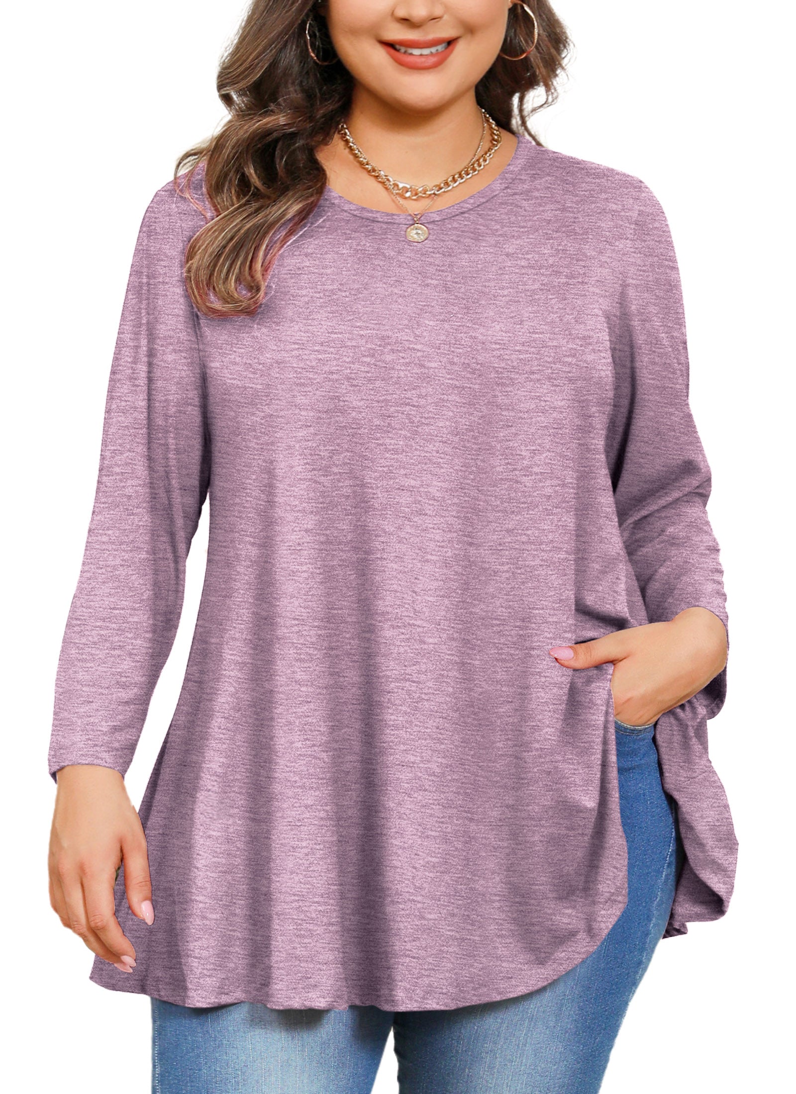 Womens Tunic 3/4 Sleeve Plus Size Tops Crew Neck Swing Flowy Loose Fit T-Shirt Blouses to Wear with Leggings