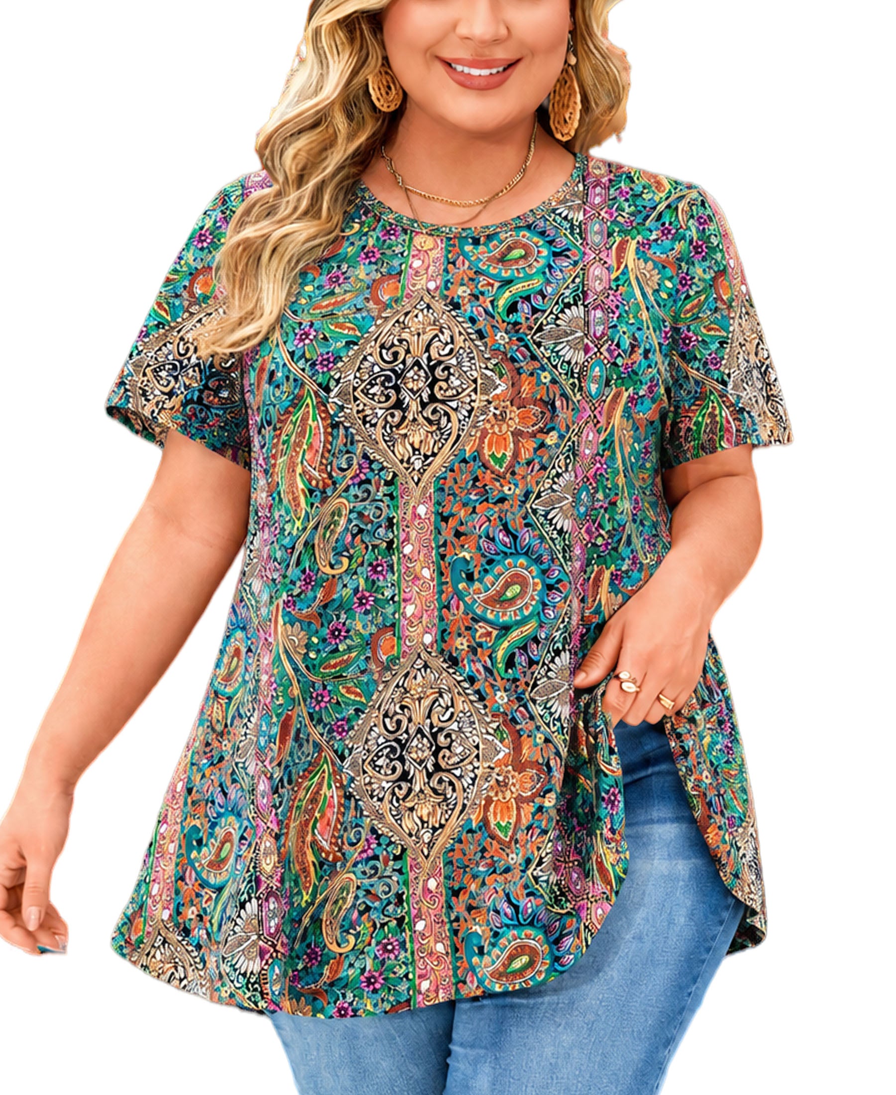 Womens Plus Size Tops Short Sleeve Swing Flare Flowy Tunic Loose Fit Summer Casual Blouses to Wear with Leggings