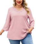 Womens Plus Size Blouses Dressy Casual 3/4 Sleeve Elegant V Neck Floral Trim Ladies Tunics Tops