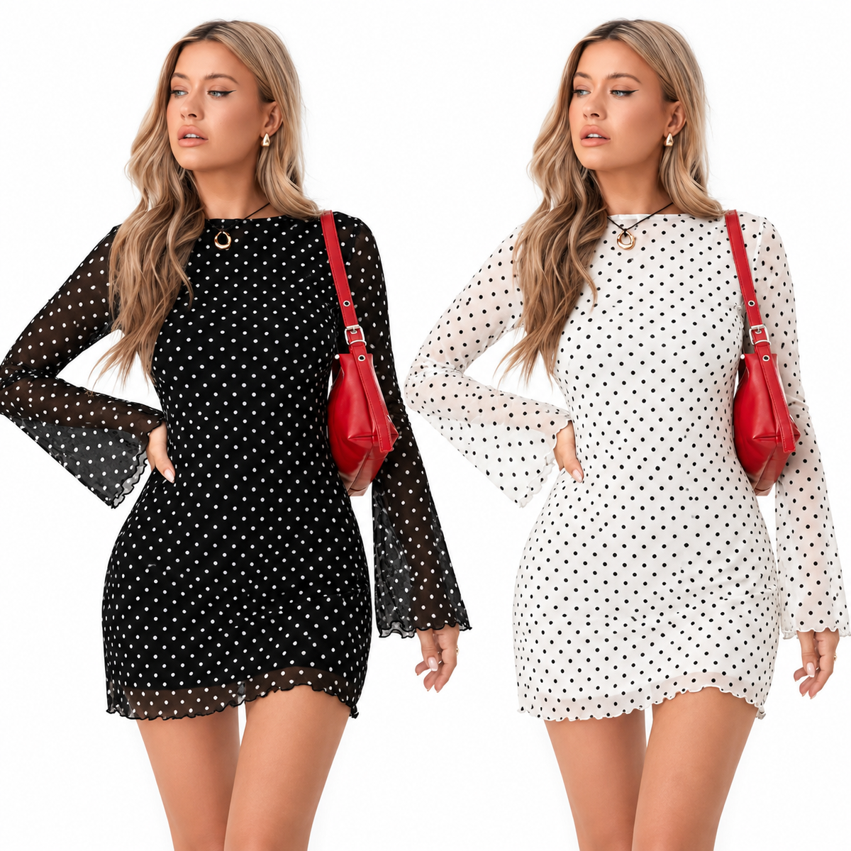 Mesh Print Flare Sleeve Mini Dress