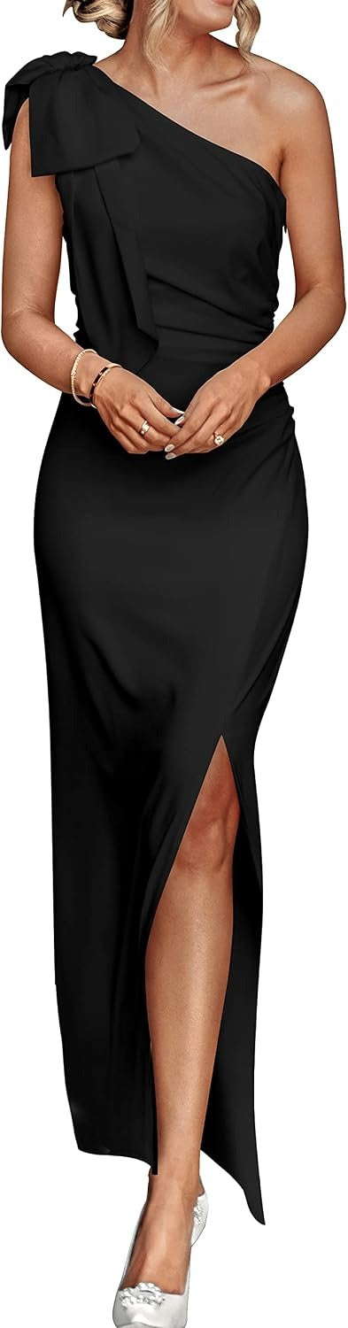 Women's One Shoulder Maxi Dress – Ruched Waist & Side Slit