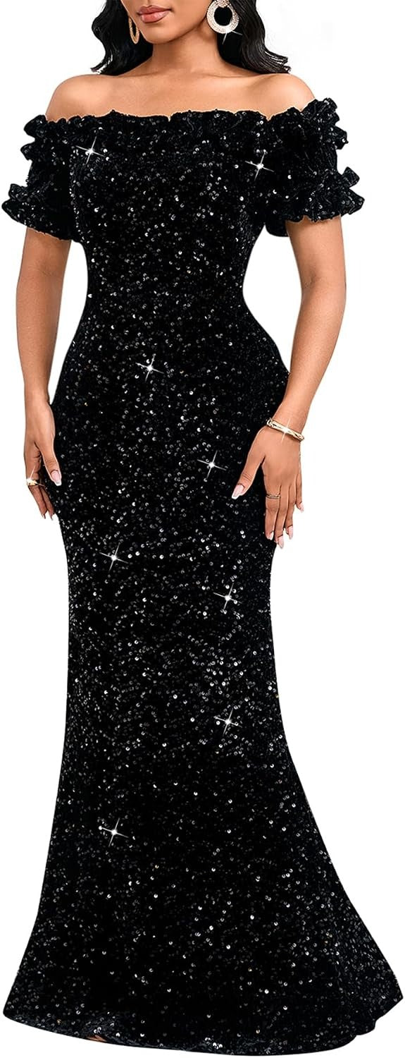 Women's Sequin Off Shoulder Mermaid Maxi Dress