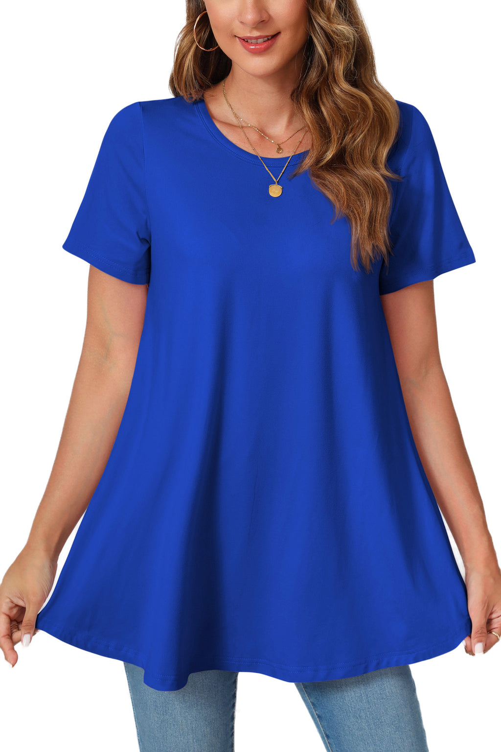 Tunic Tops for Women Plus Size Short Sleeve Crew Neck Swing Flare Loose T-Shirt Blouses to Wear with Leggings