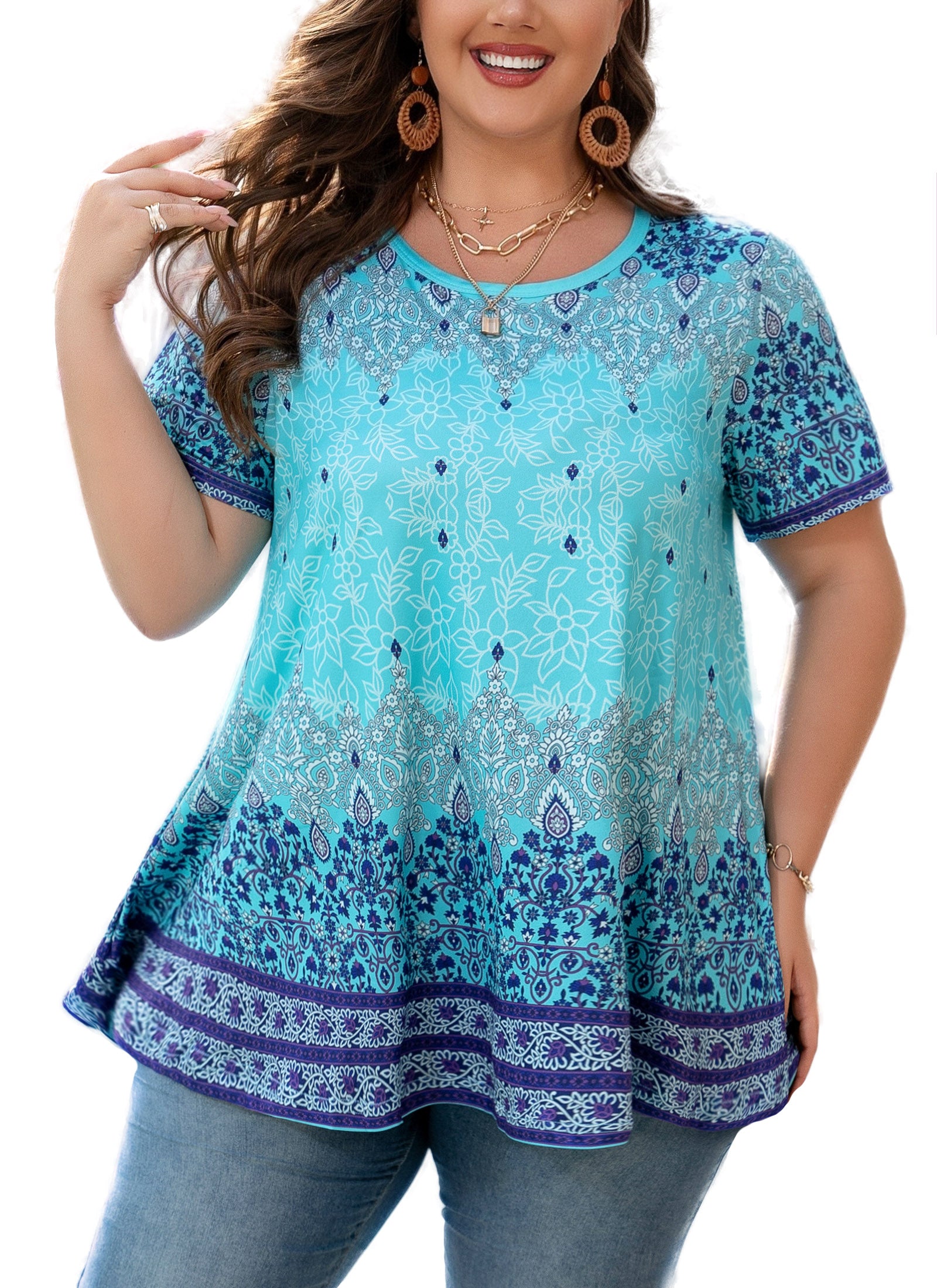 Tunic Tops for Women Plus Size Short Sleeve Crew Neck Swing Flare Loose T-Shirt Blouses to Wear with Leggings