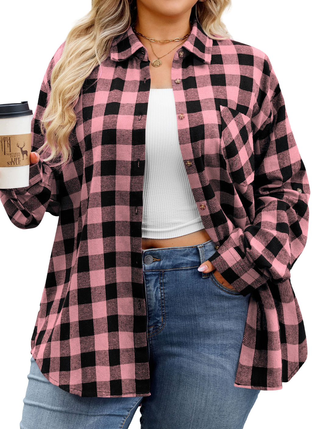 Womens Plaid Shirts Plus Size Soft Long Sleeve Button Down Flannel Shirt Roll Up Oversize Checkered Blouse Top