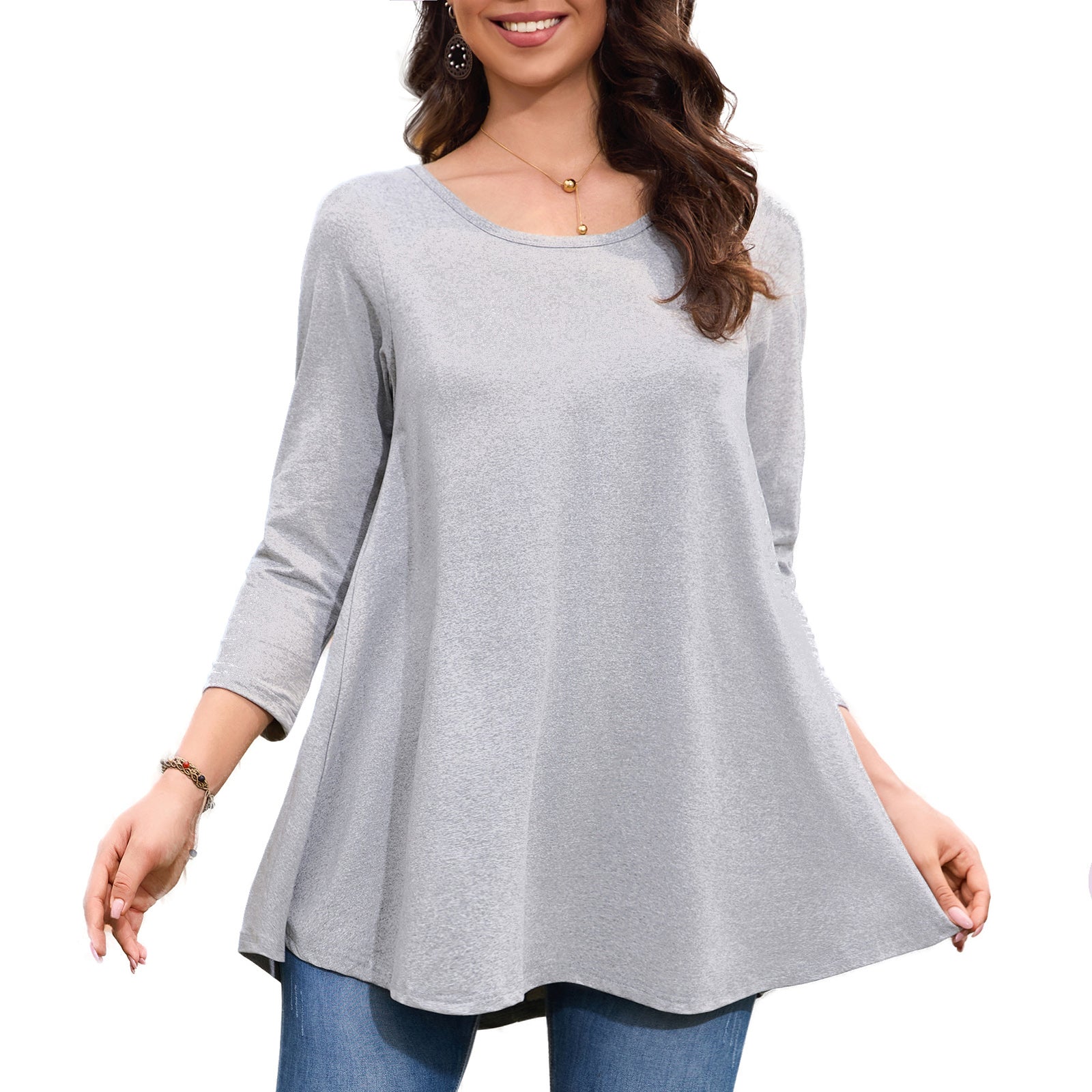 Tunic Tops for Women Plus Size 3/4 Sleeve Crew Neck Swing Flare Loose T-Shirt Blouses to Wear with Leggings
