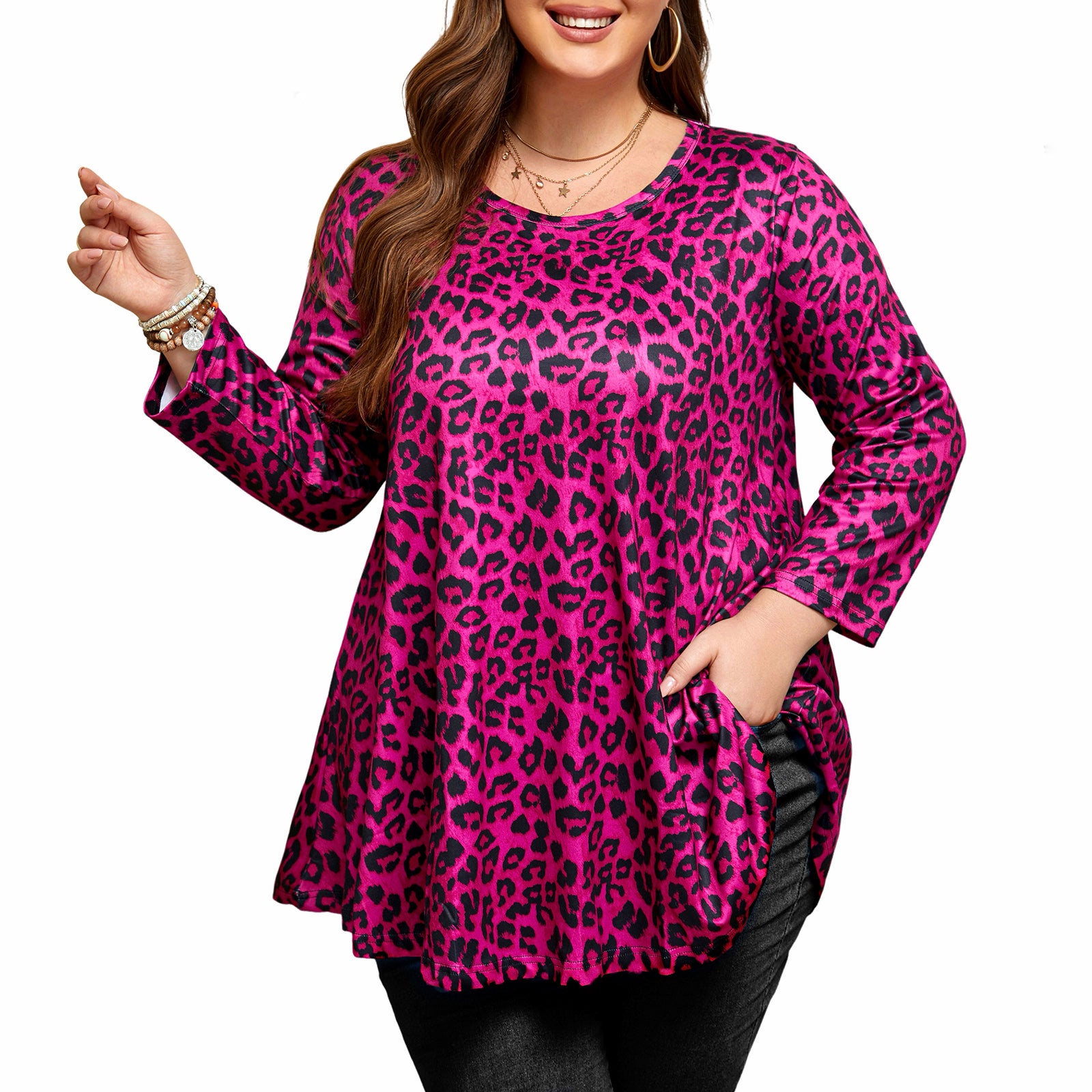 Womens Tunic Tops 3/4 Sleeve Plus Size Crew Neck Swing Flare Loose Fit T-Shirt Blouses to Wear with Leggings