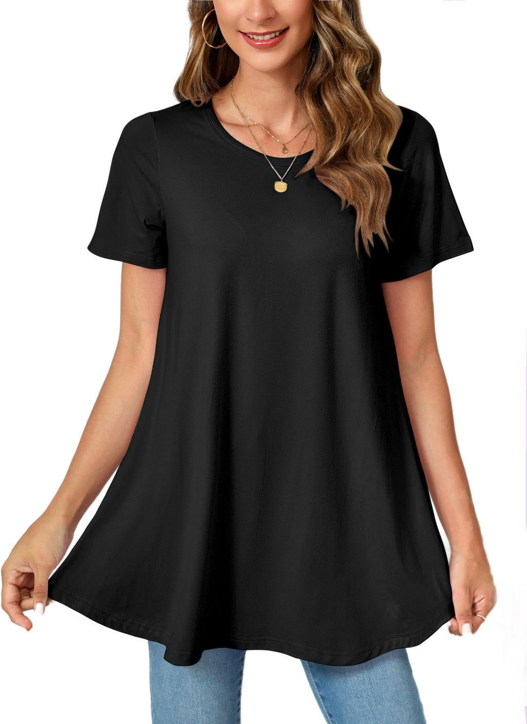 Tunic Tops for Women Plus Size Short Sleeve Crew Neck Swing Flare Loose T-Shirt Blouses to Wear with Leggings