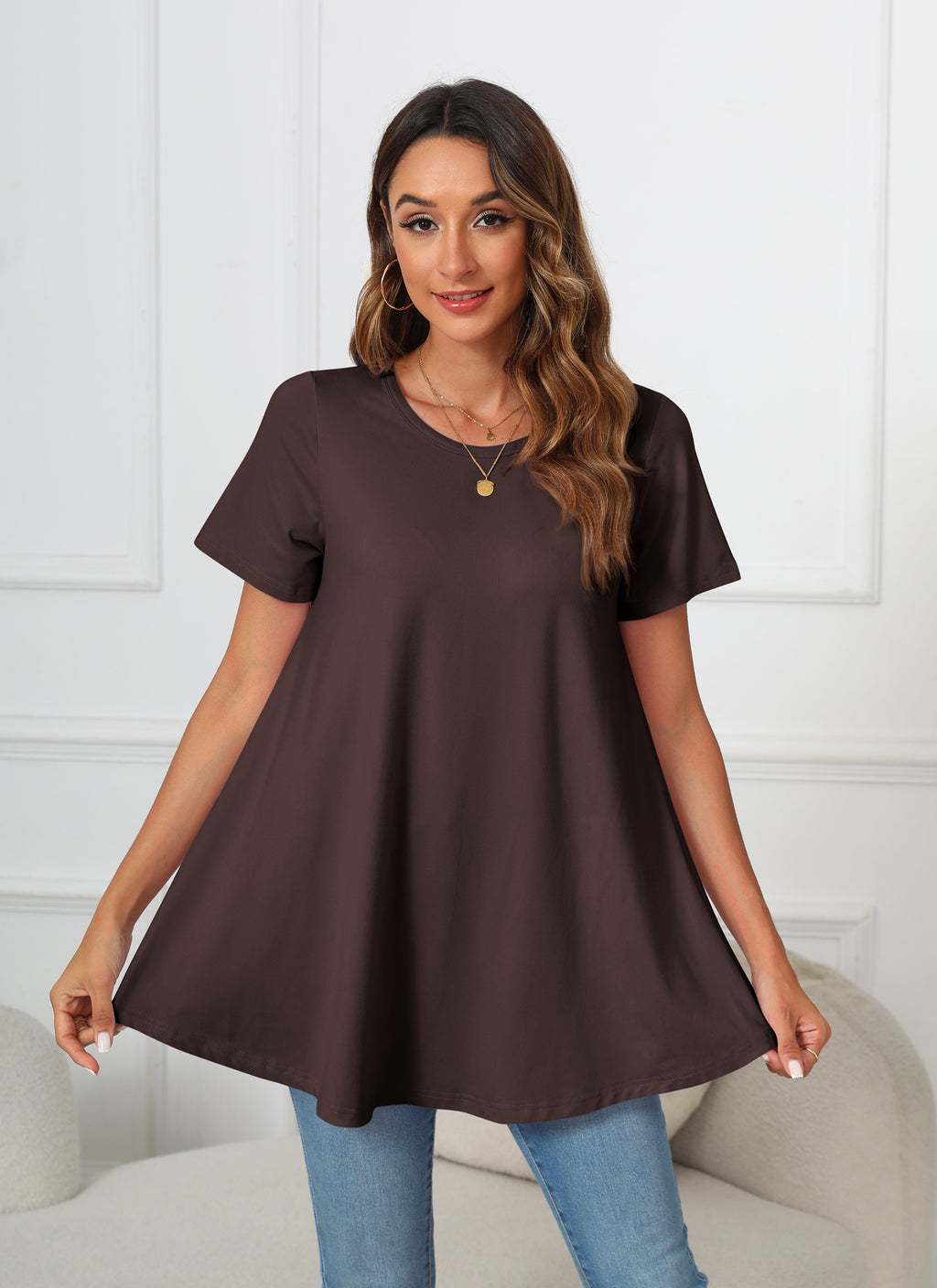 Tunic Tops for Women Plus Size Short Sleeve Crew Neck Swing Flare Loose T-Shirt Blouses to Wear with Leggings