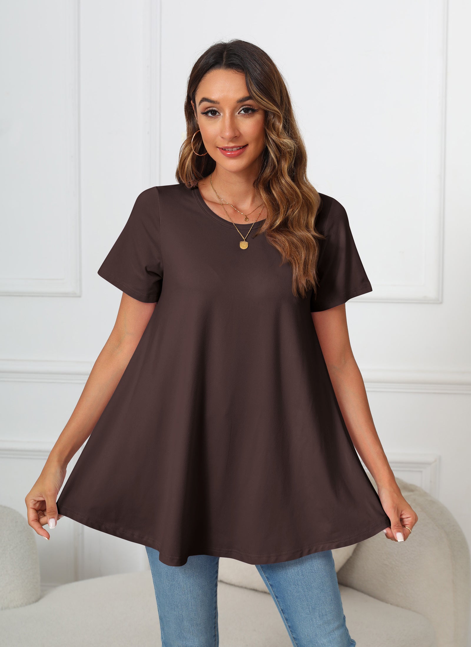 Tunic Tops for Women Plus Size Short Sleeve Crew Neck Swing Flare Loose T-Shirt Blouses to Wear with Leggings
