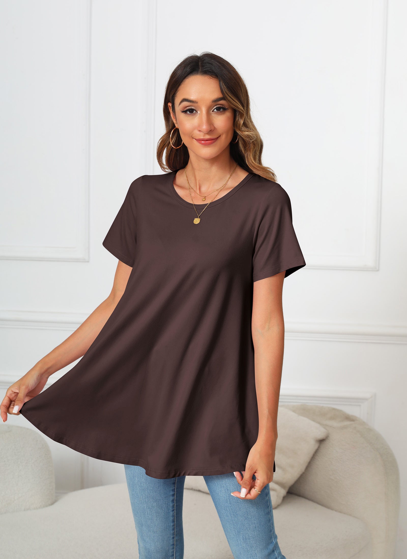 Tunic Tops for Women Plus Size Short Sleeve Crew Neck Swing Flare Loose T-Shirt Blouses to Wear with Leggings