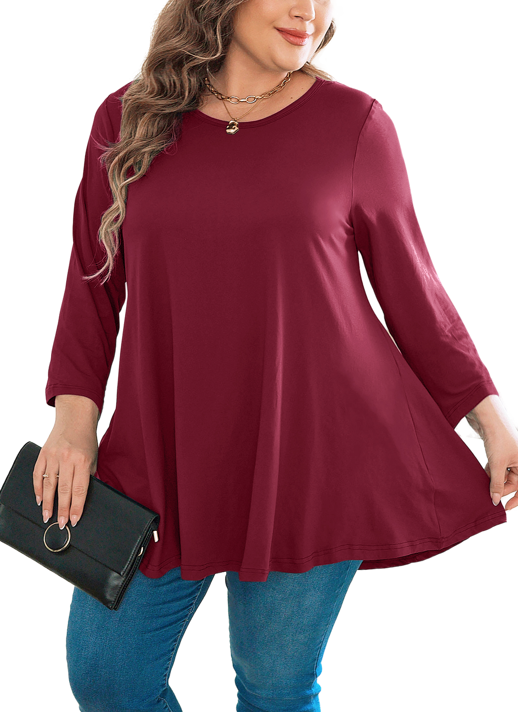 Womens Tunic Tops 3/4 Sleeve Plus Size Crew Neck Swing Flare Loose Fit T-Shirt Blouses to Wear with Leggings