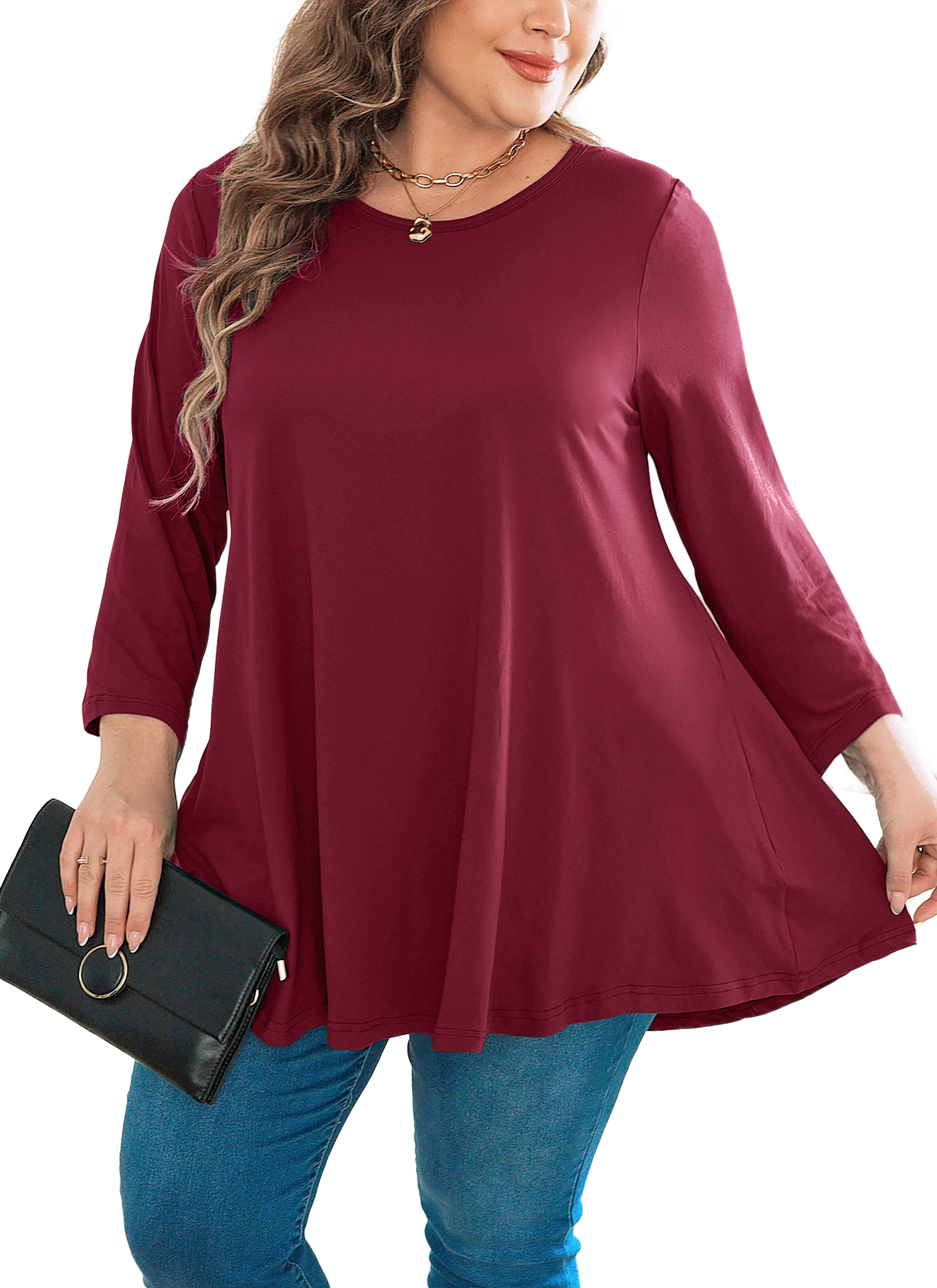 Womens Tunic Tops 3/4 Sleeve Plus Size Crew Neck Swing Flare Loose Fit T-Shirt Blouses to Wear with Leggings