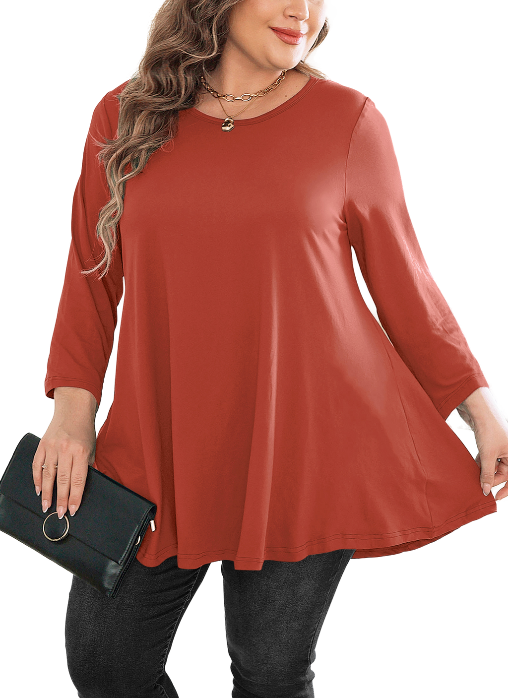 Womens Tunic Tops 3/4 Sleeve Plus Size Crew Neck Swing Flare Loose Fit T-Shirt Blouses to Wear with Leggings