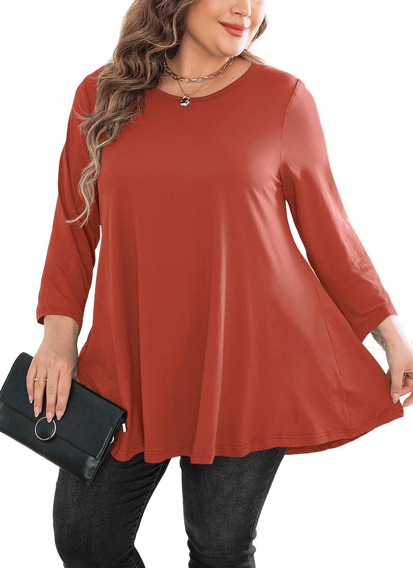 Womens Tunic Tops 3/4 Sleeve Plus Size Crew Neck Swing Flare Loose Fit T-Shirt Blouses to Wear with Leggings