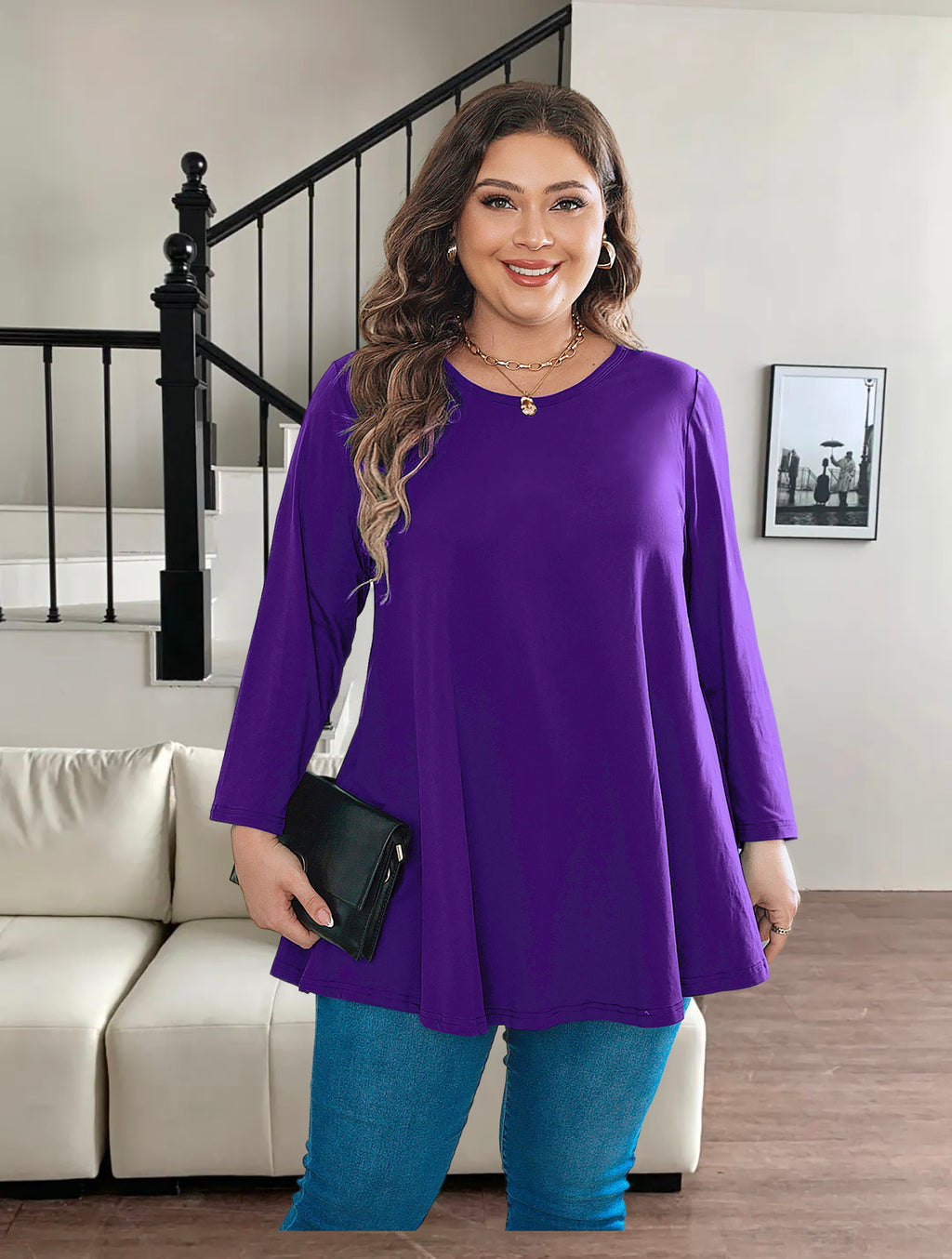 Womens Tunic Tops 3/4 Sleeve Plus Size Crew Neck Swing Flare Loose Fit T-Shirt Blouses to Wear with Leggings