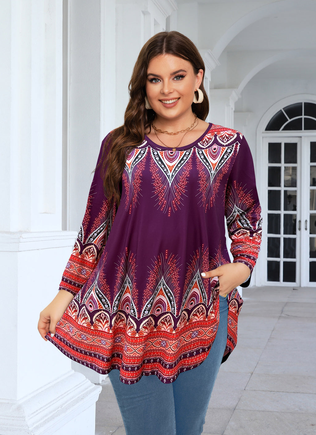 Womens Tunic 3/4 Sleeve Plus Size Tops Crew Neck Swing Flowy Loose Fit T-Shirt Blouses to Wear with Leggings