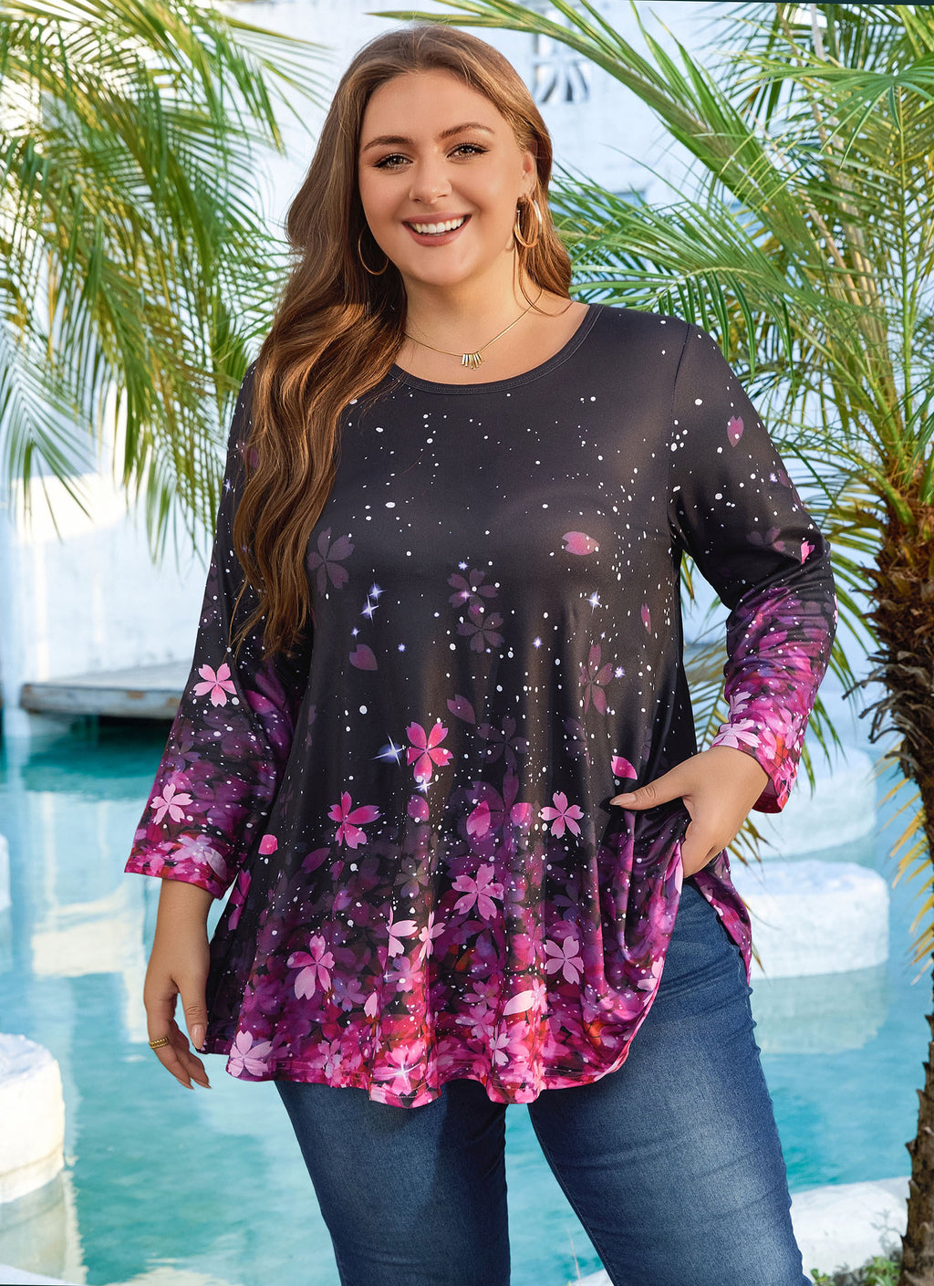 Womens Tunic 3/4 Sleeve Plus Size Tops Crew Neck Swing Flowy Loose Fit T-Shirt Blouses to Wear with Leggings