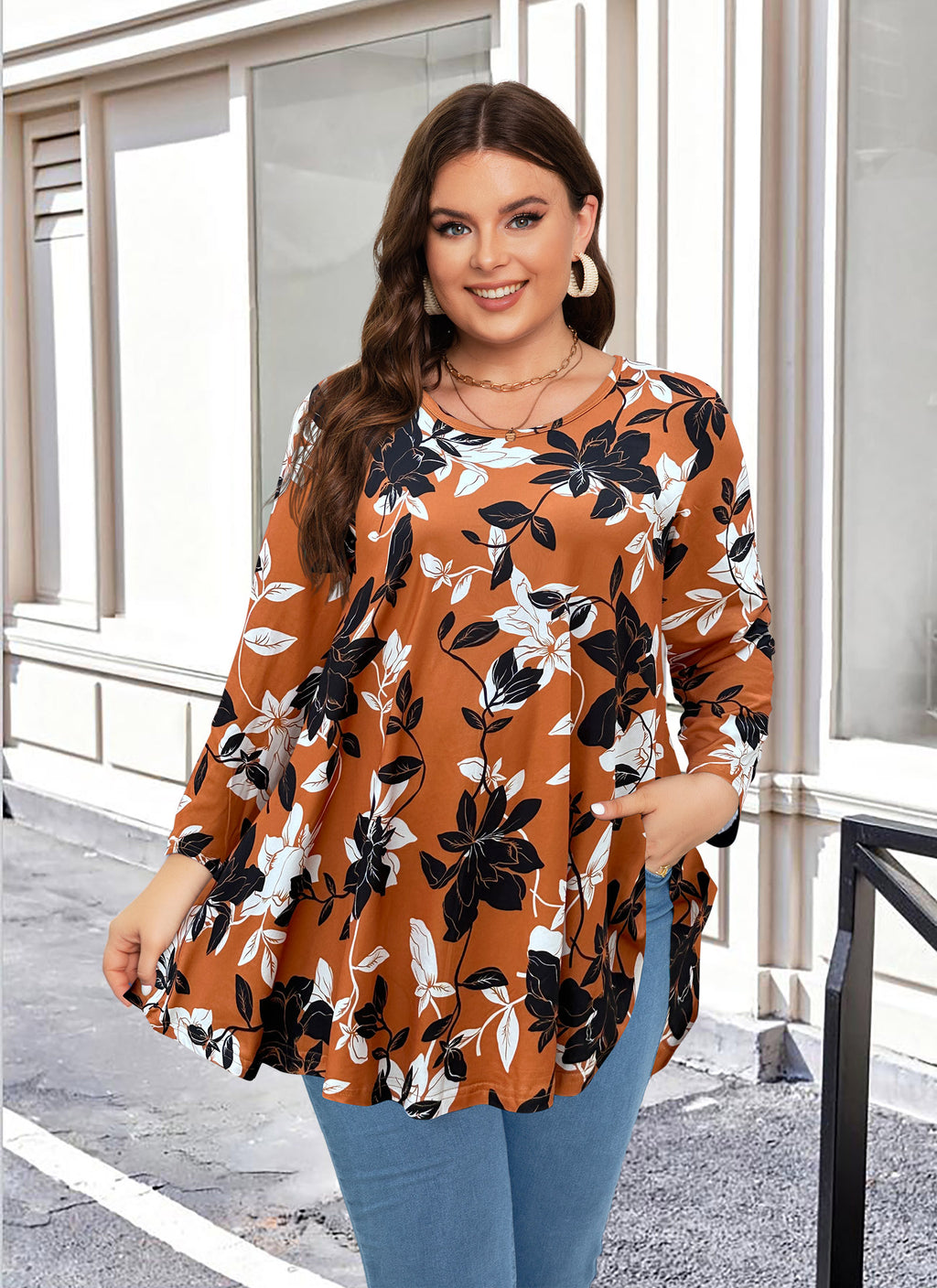 Womens Tunic 3/4 Sleeve Plus Size Tops Crew Neck Swing Flowy Loose Fit T-Shirt Blouses to Wear with Leggings