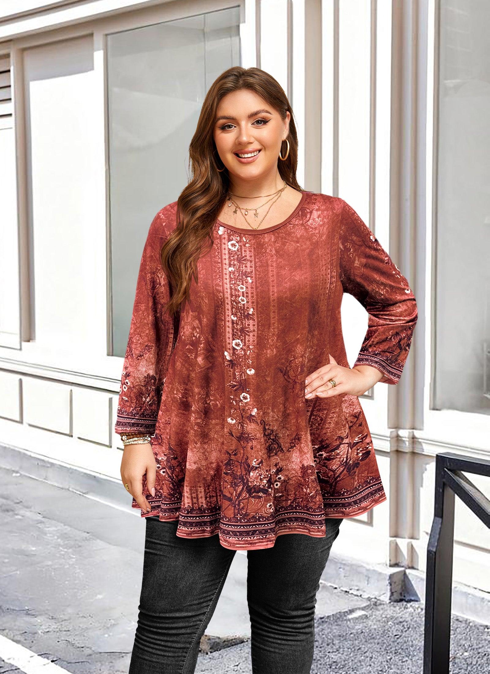 Tunic Tops for Women Plus Size 3/4 Sleeve Crew Neck Swing Flare Loose T-Shirt Blouses to Wear with Leggings