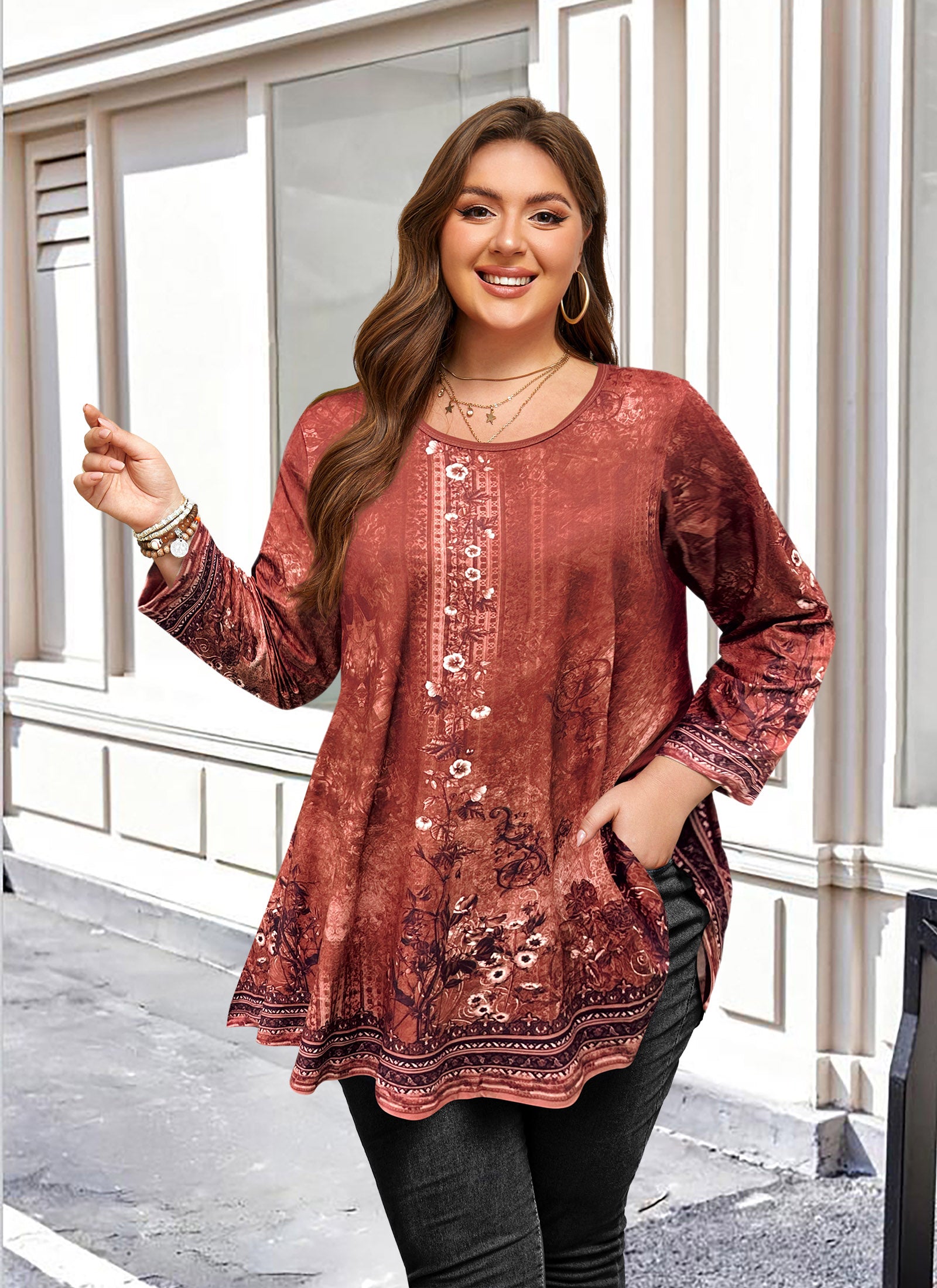 Tunic Tops for Women Plus Size 3/4 Sleeve Crew Neck Swing Flare Loose T-Shirt Blouses to Wear with Leggings