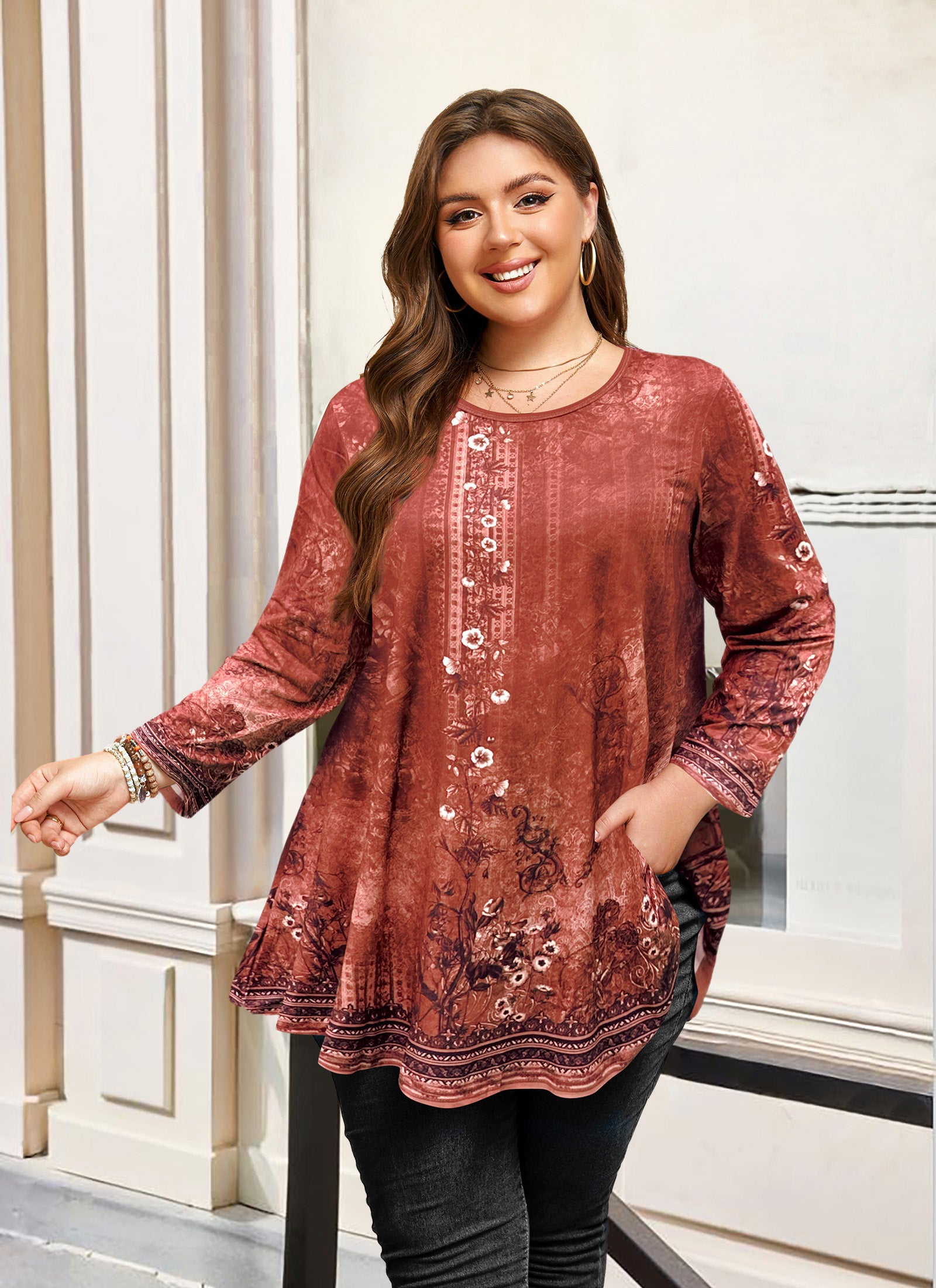Tunic Tops for Women Plus Size 3/4 Sleeve Crew Neck Swing Flare Loose T-Shirt Blouses to Wear with Leggings
