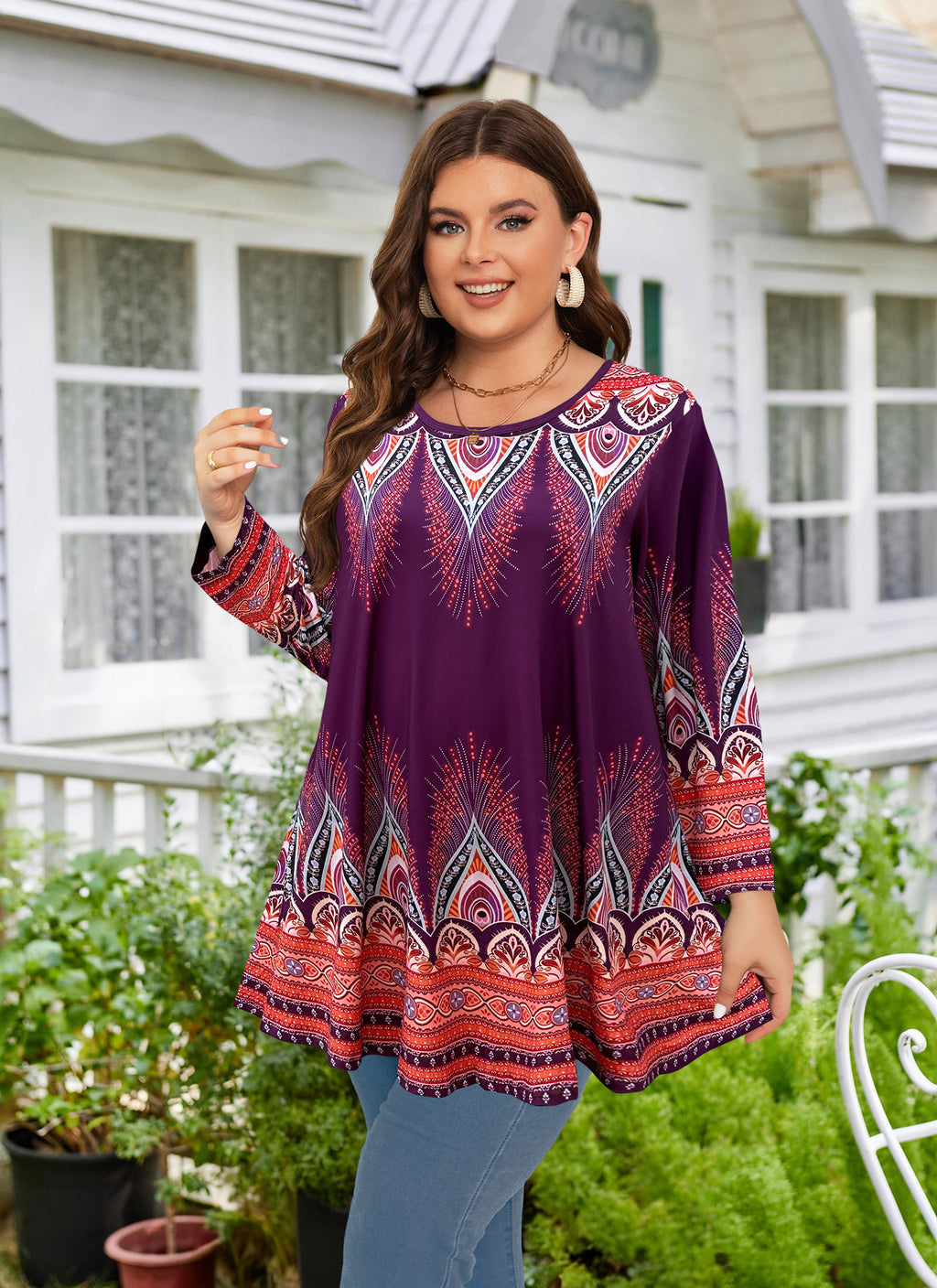 Womens Tunic 3/4 Sleeve Plus Size Tops Crew Neck Swing Flowy Loose Fit T-Shirt Blouses to Wear with Leggings