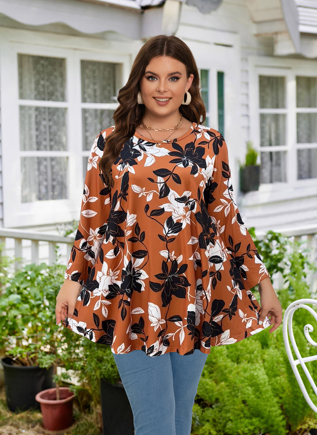 Womens Tunic 3/4 Sleeve Plus Size Tops Crew Neck Swing Flowy Loose Fit T-Shirt Blouses to Wear with Leggings