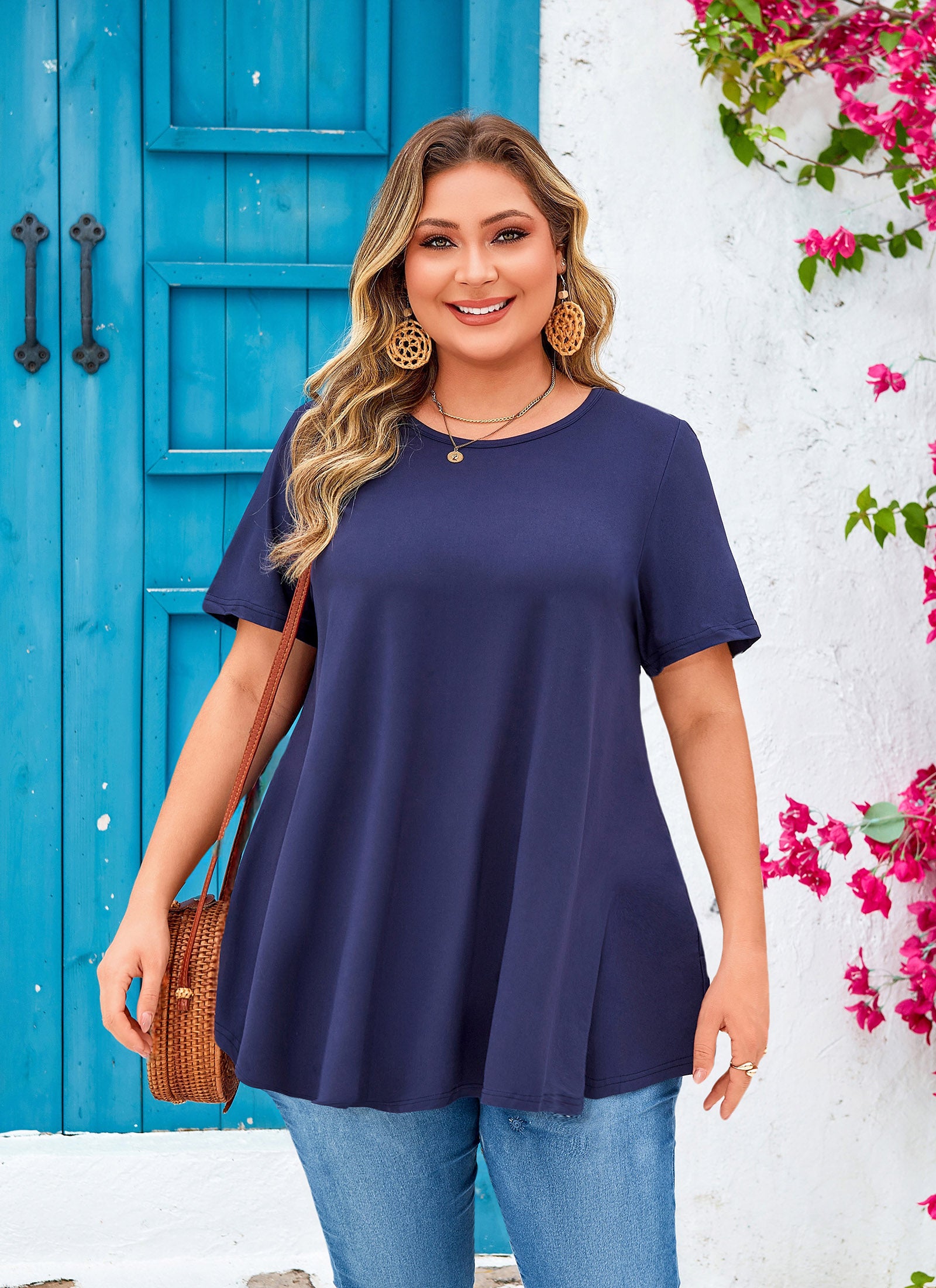 Womens Plus Size Tops Short Sleeve Swing Flare Flowy Tunic Loose Fit Summer Casual Blouses to Wear with Leggings