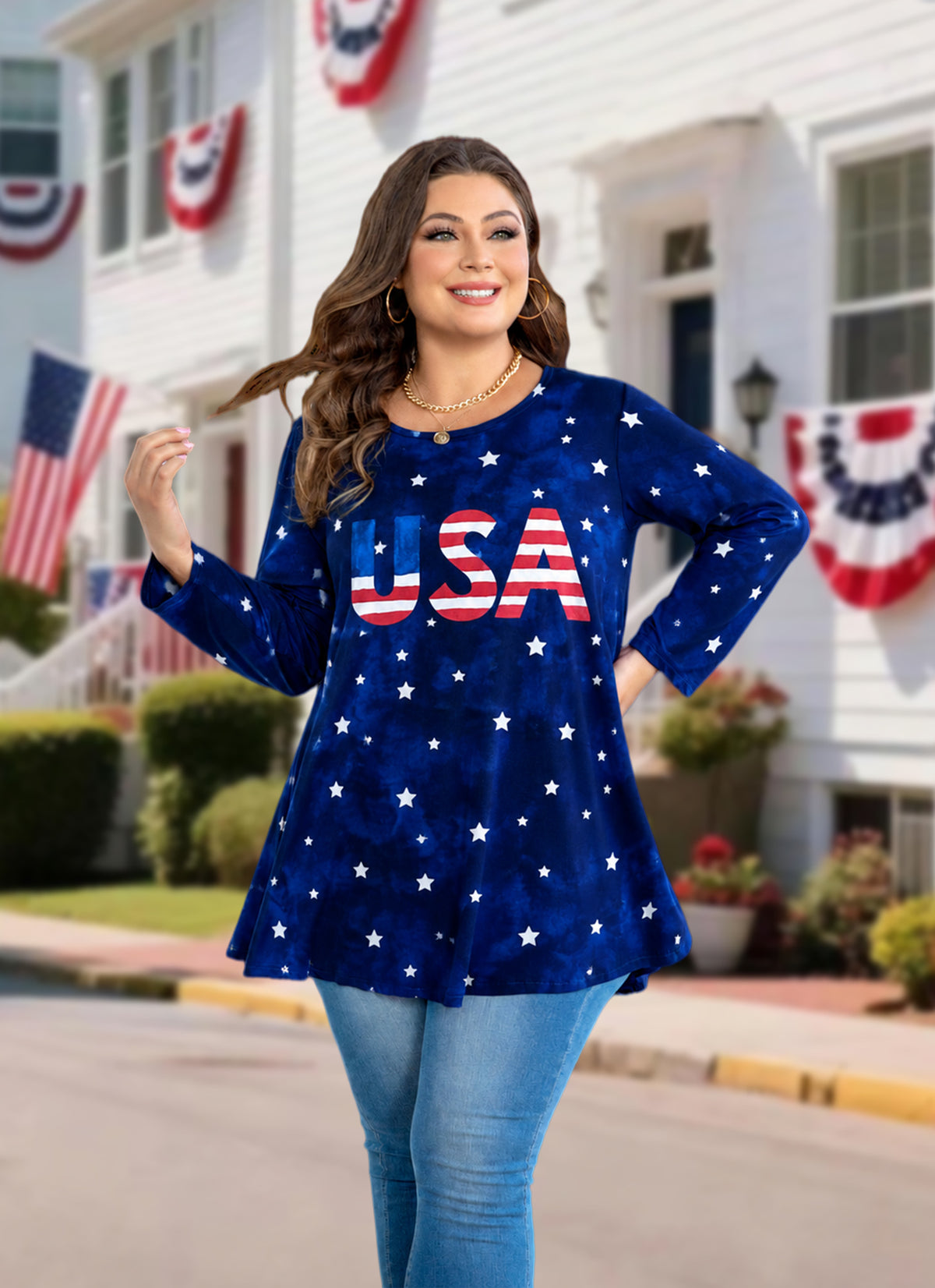 Womens Tunic Tops Plus Size 3/4 Sleeve Swing Flowy Blouses