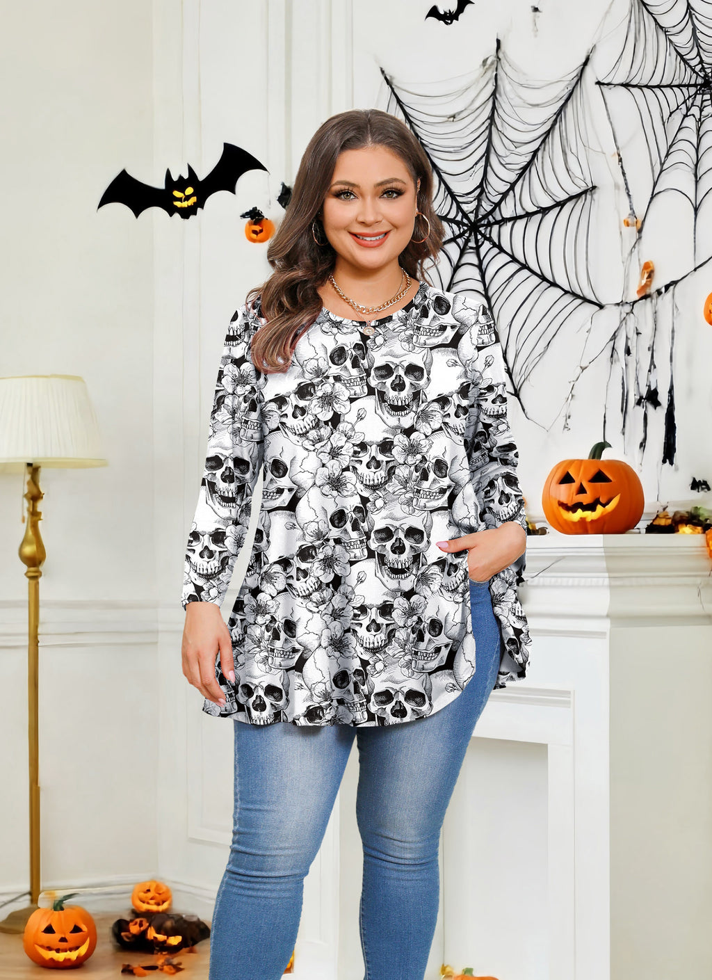 Womens Tunic Tops 3/4 Sleeve Plus Size Crew Neck Swing Flare Loose Fit T-Shirt Blouses to Wear with Leggings