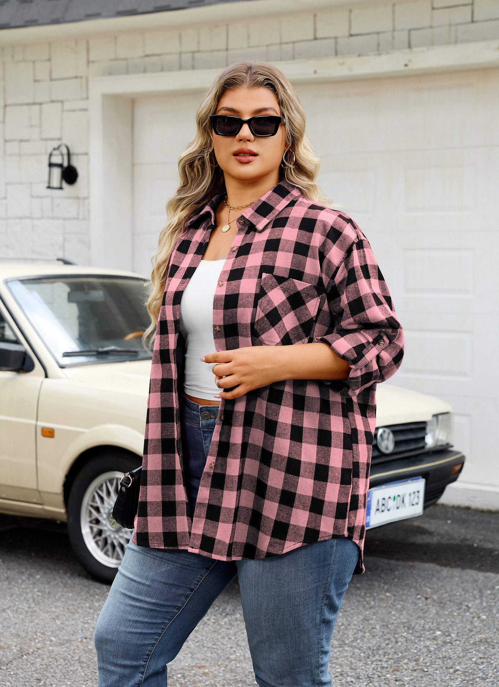 Womens Plaid Shirts Plus Size Soft Long Sleeve Button Down Flannel Shirt Roll Up Oversize Checkered Blouse Top