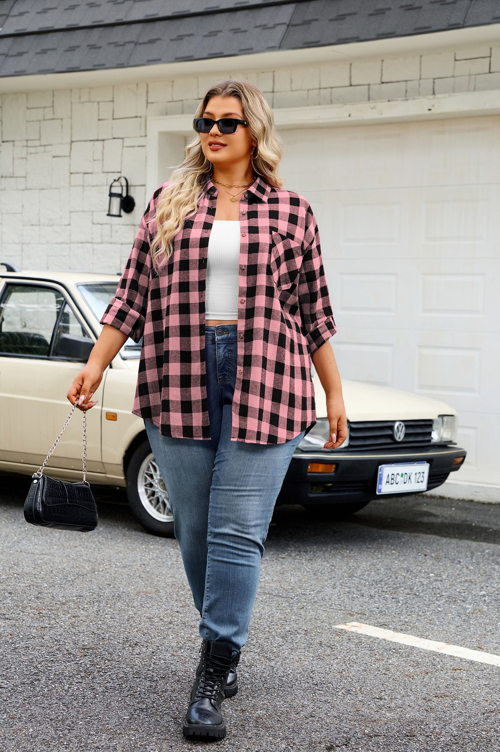 Womens Plaid Shirts Plus Size Soft Long Sleeve Button Down Flannel Shirt Roll Up Oversize Checkered Blouse Top