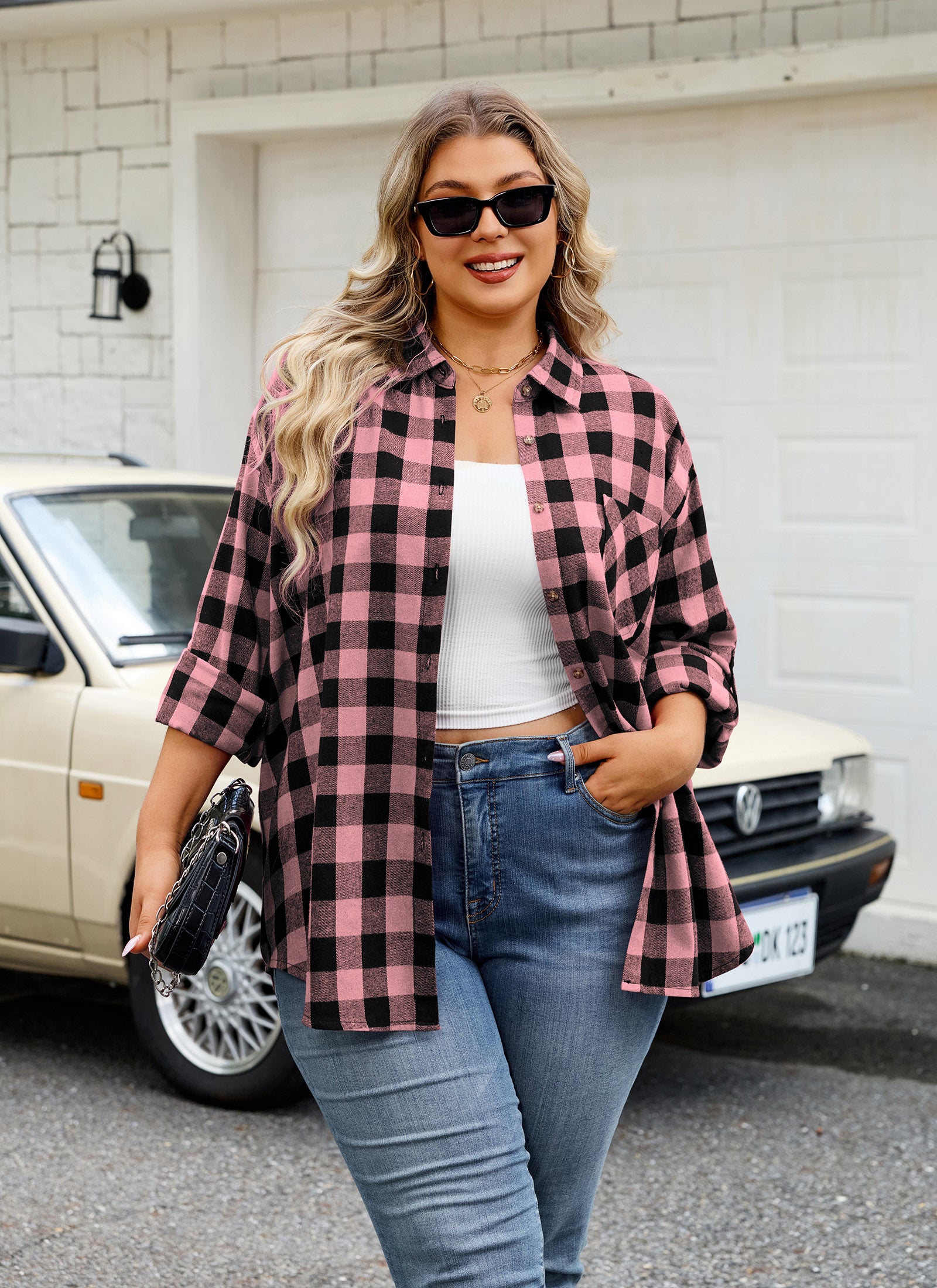 Womens Plaid Shirts Plus Size Soft Long Sleeve Button Down Flannel Shirt Roll Up Oversize Checkered Blouse Top