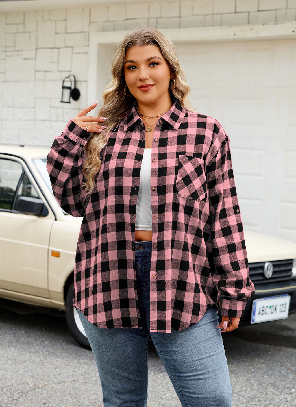 Womens Plaid Shirts Plus Size Soft Long Sleeve Button Down Flannel Shirt Roll Up Oversize Checkered Blouse Top