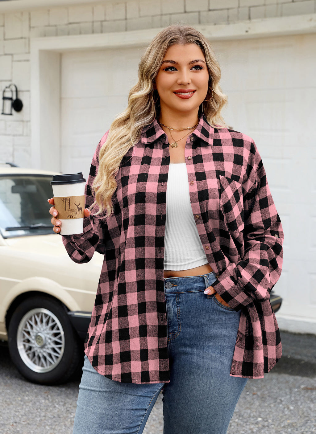 Womens Plaid Shirts Plus Size Soft Long Sleeve Button Down Flannel Shirt Roll Up Oversize Checkered Blouse Top