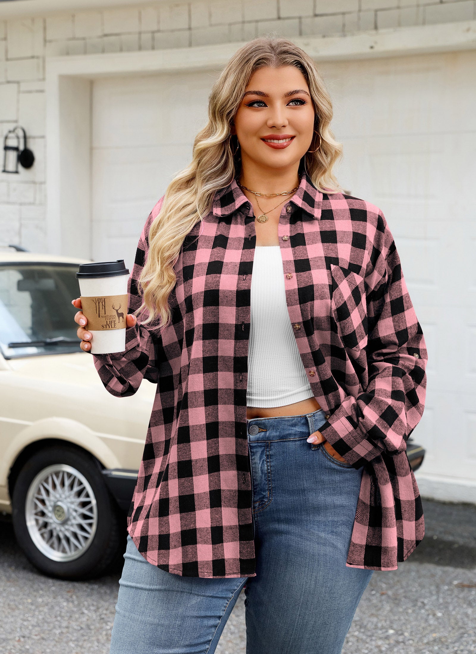 Womens Plaid Shirts Plus Size Soft Long Sleeve Button Down Flannel Shirt Roll Up Oversize Checkered Blouse Top