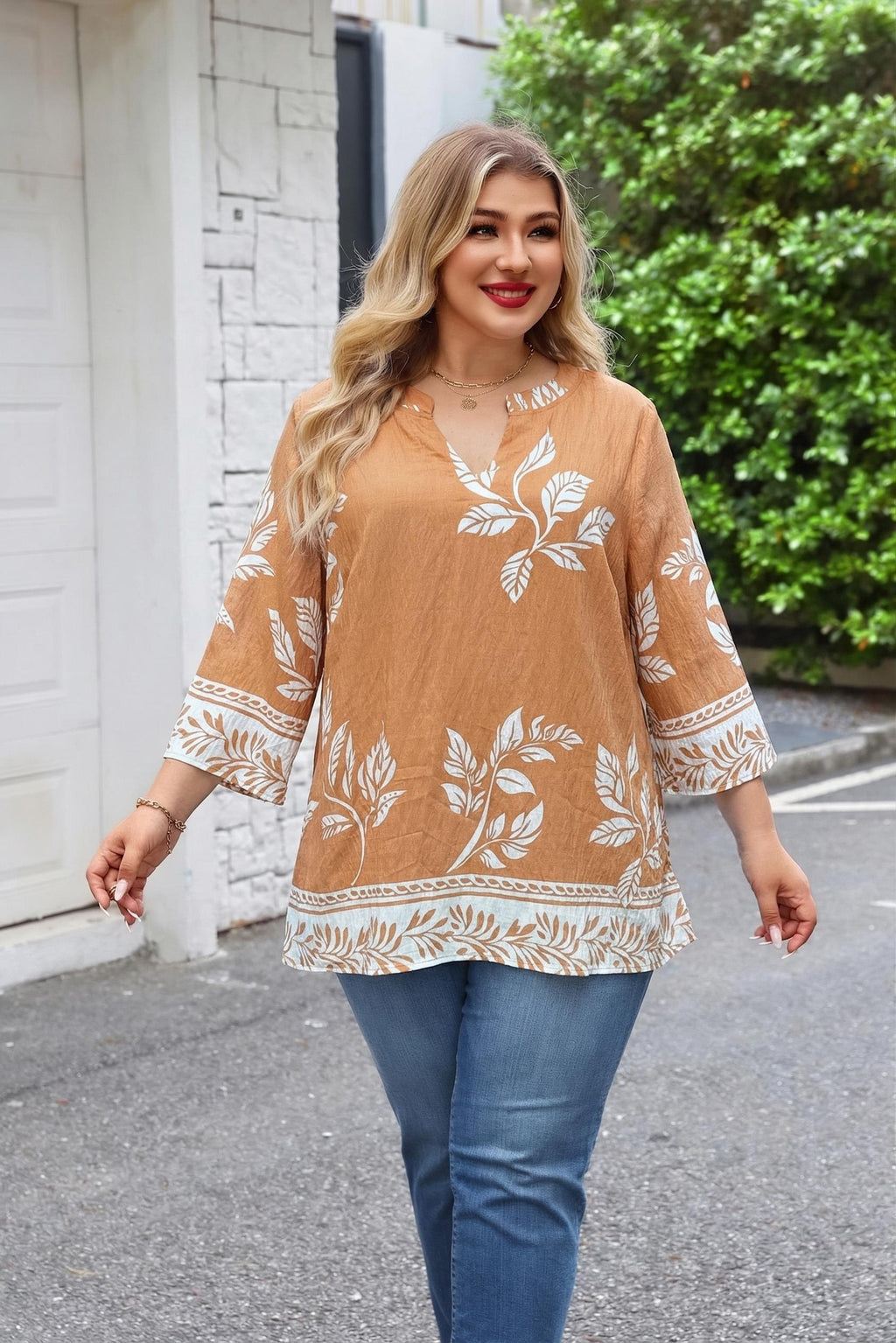 Plus Size Tops 3/4 Sleeve Boho Blouses Dressy Casual V Neck Tunic Loose Fit Floral Peasant Shirts